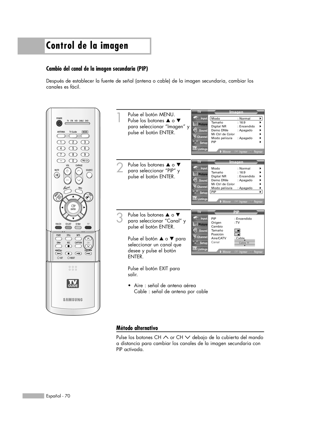 Samsung HL-R5678W, HL-R6178W manual Cambio del canal de la imagen secundaria PIP, Control de la imagen, Método alternativo 