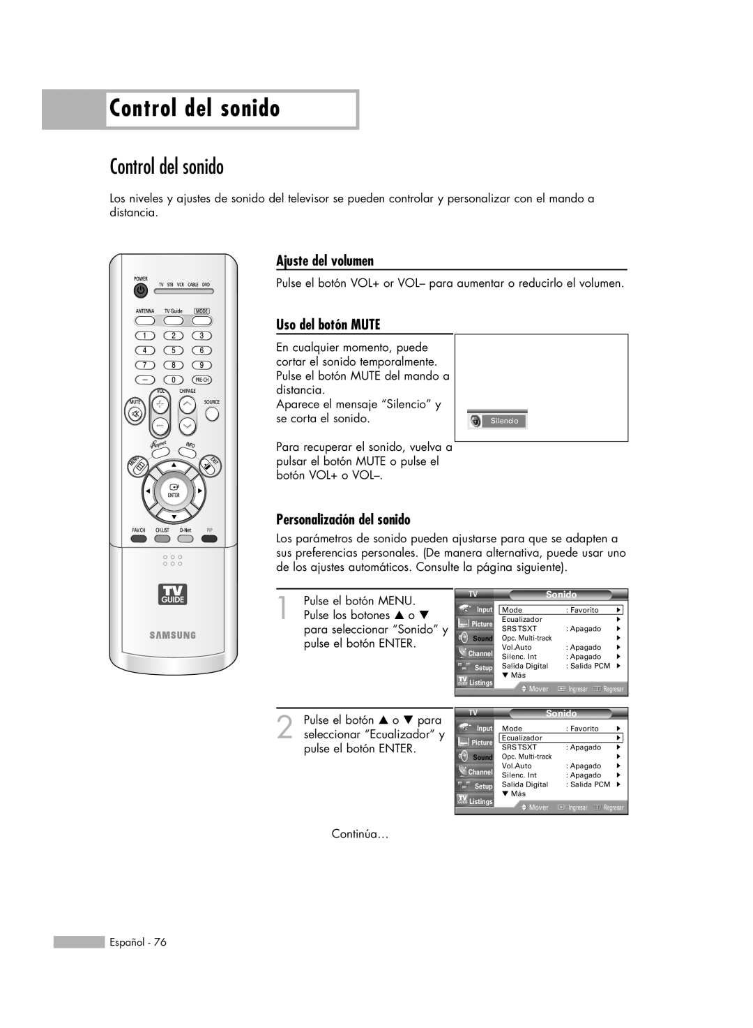 Samsung HL-R6178W, HL-R5078W manual Control del sonido, Ajuste del volumen, Uso del botón MUTE, Personalización del sonido 