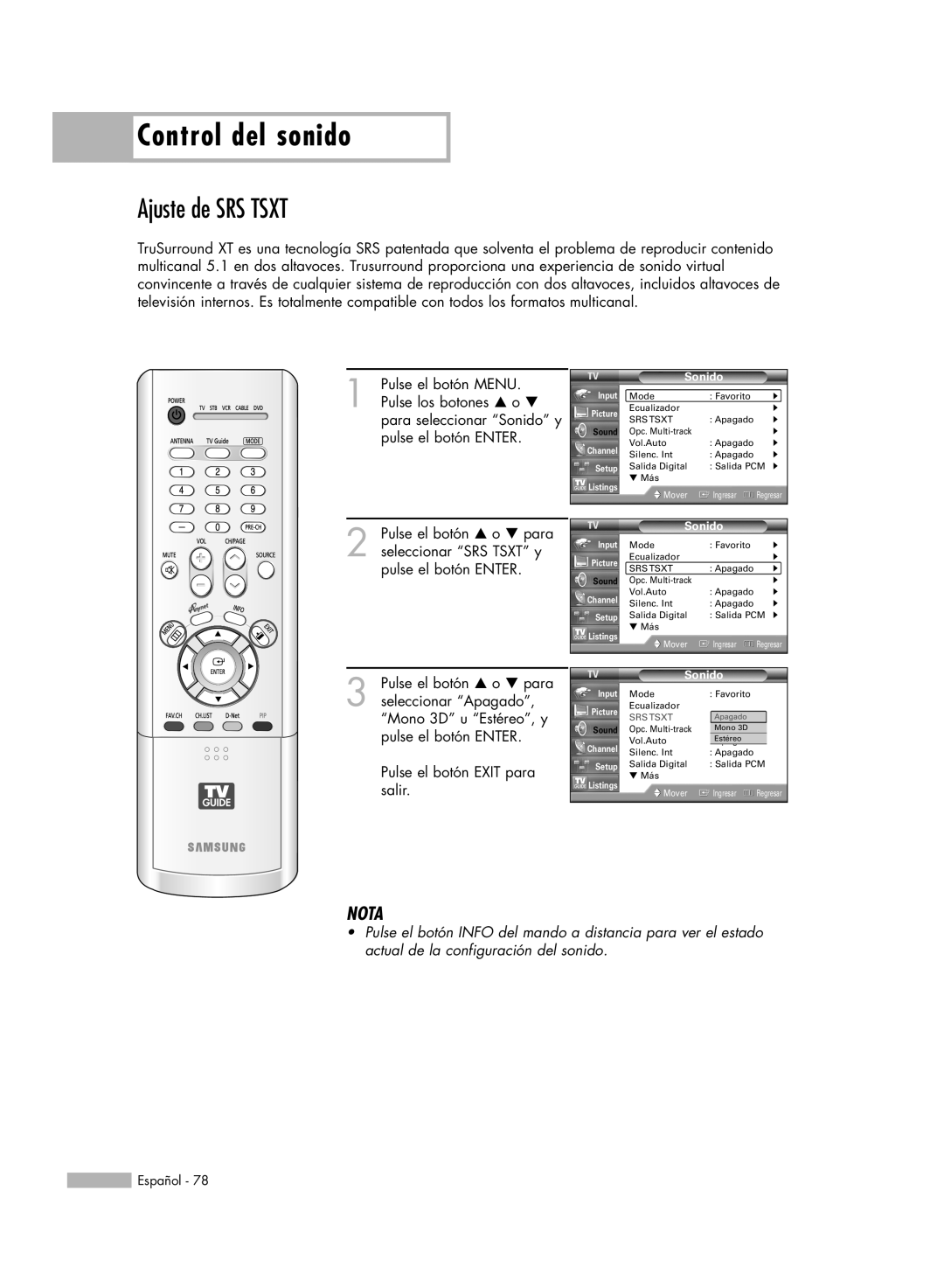 Samsung HL-R5678W, HL-R6178W, HL-R5078W, HL-R7178W manual Ajuste de SRS TSXT, Control del sonido, Nota 