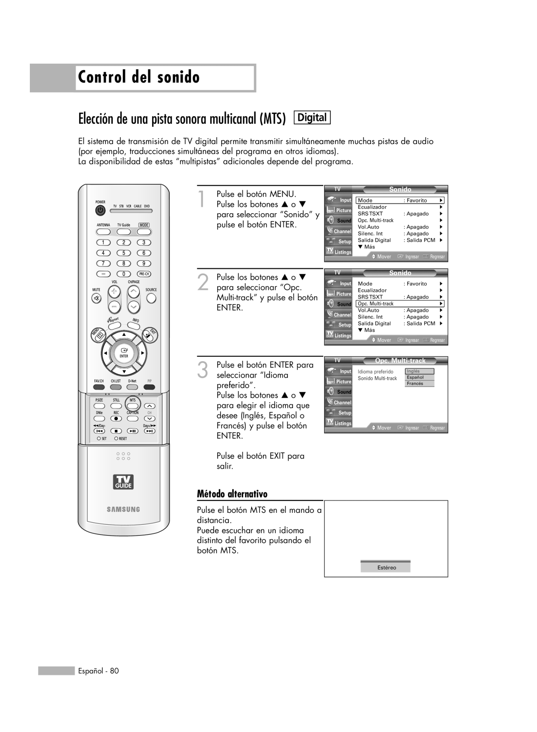 Samsung HL-R6178W, HL-R5078W Control del sonido, Elección de una pista sonora multicanal MTS, Digital, Método alternativo 