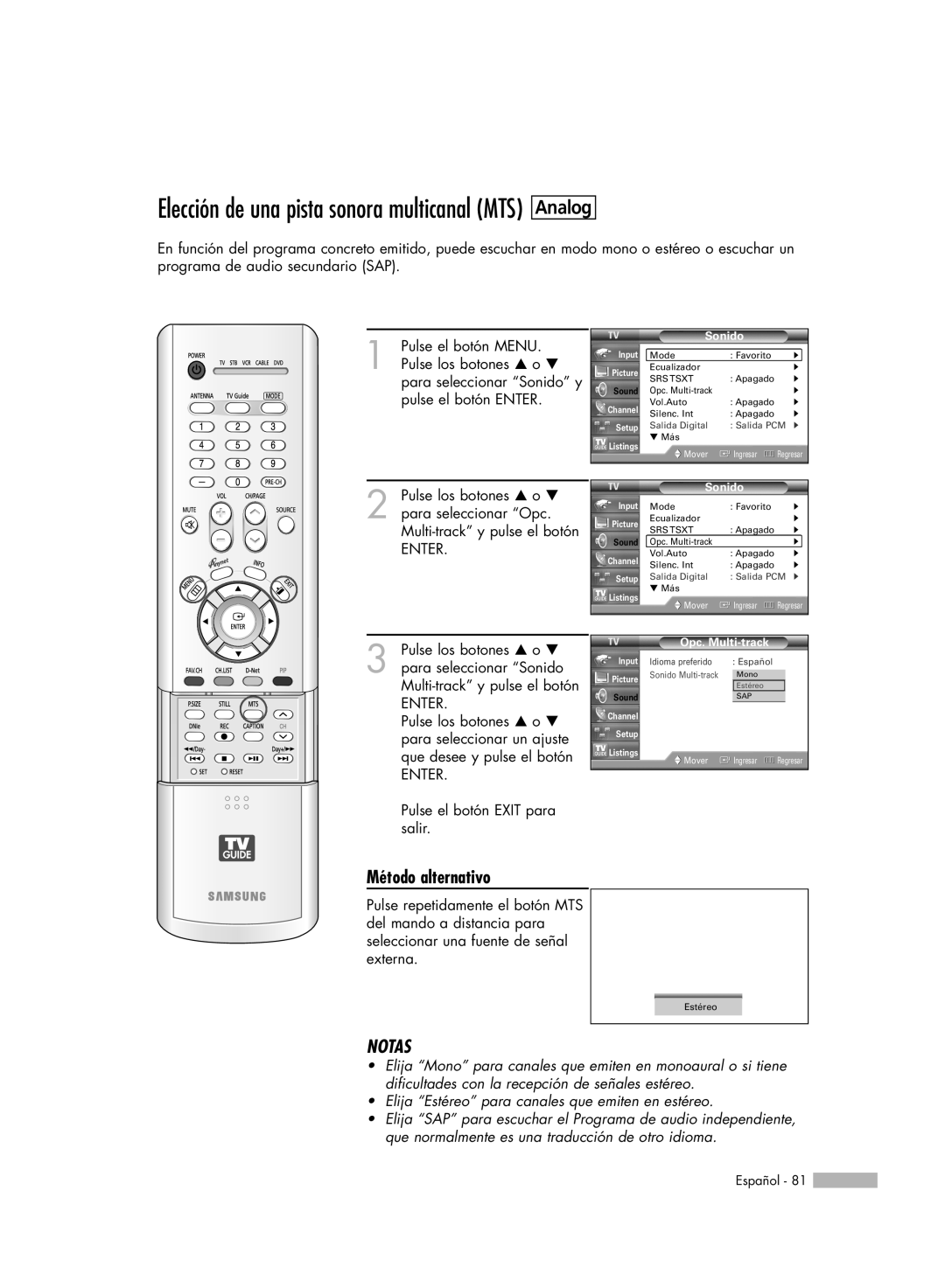 Samsung HL-R5078W, HL-R6178W, HL-R5678W manual Analog, Elección de una pista sonora multicanal MTS, Método alternativo, Notas 