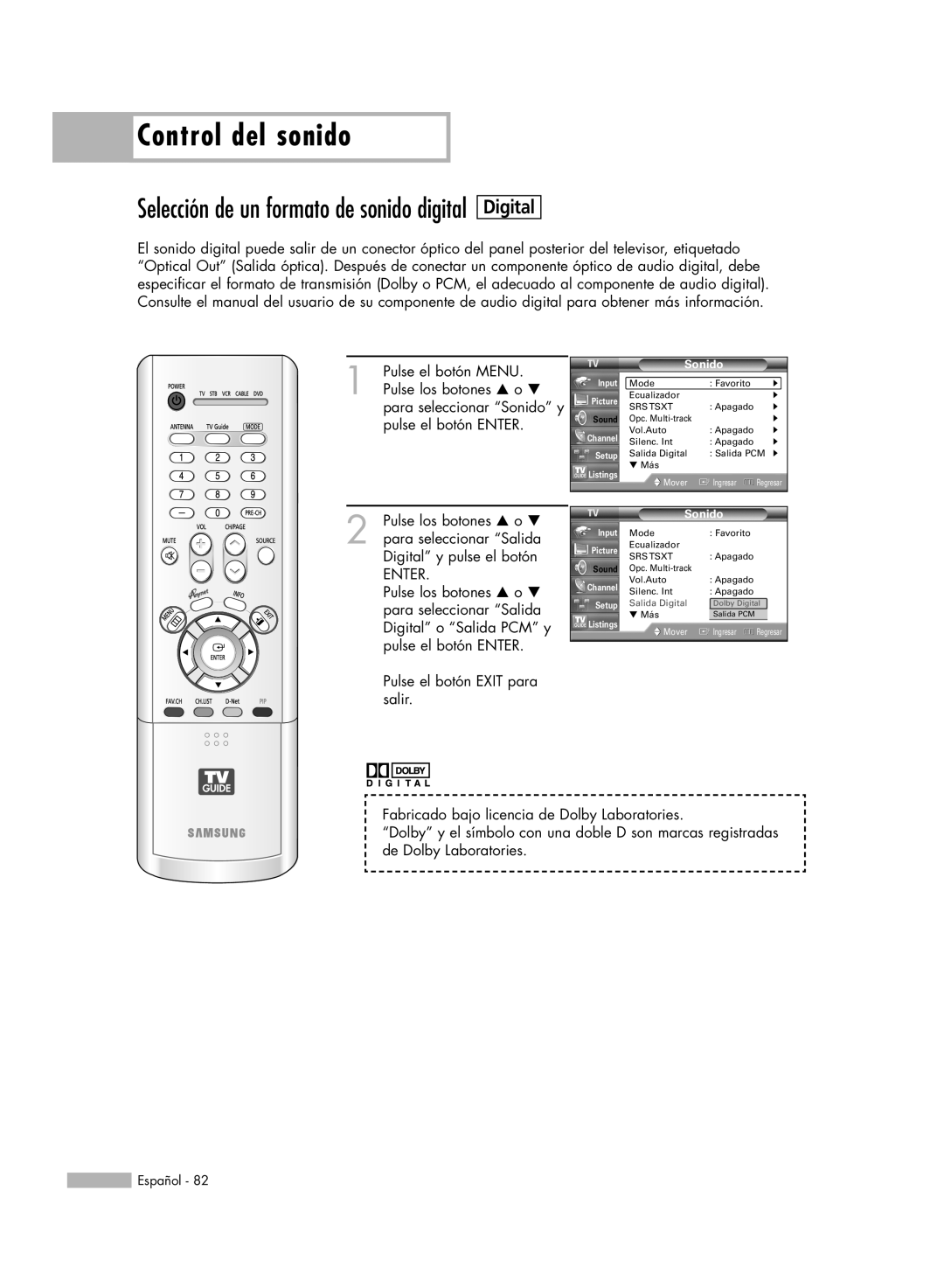 Samsung HL-R5678W manual Control del sonido, Digital, Selección de un formato de sonido digital, Pulse el botón MENU, Enter 