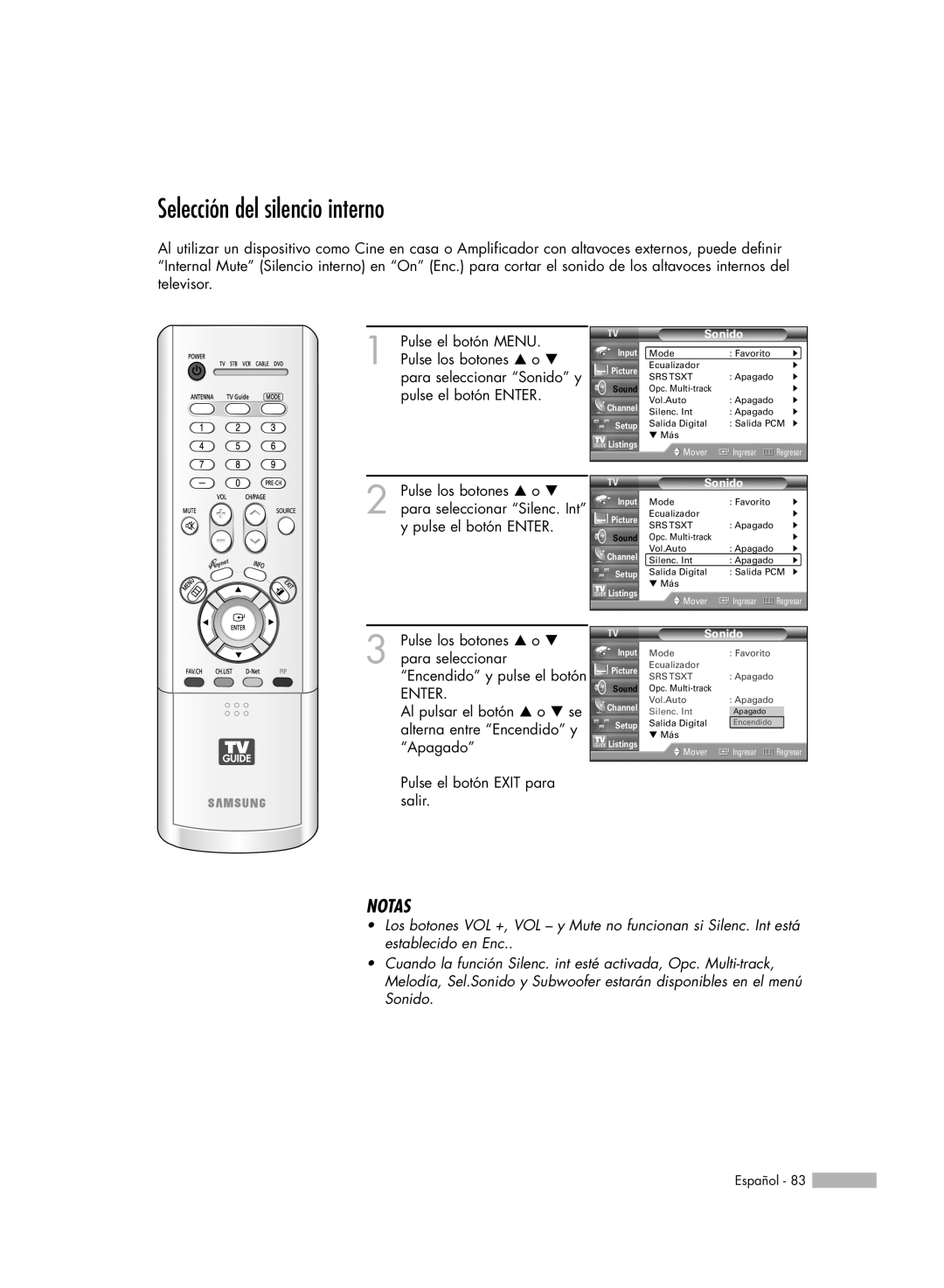 Samsung HL-R7178W, HL-R6178W, HL-R5078W, HL-R5678W manual Selección del silencio interno, Notas 