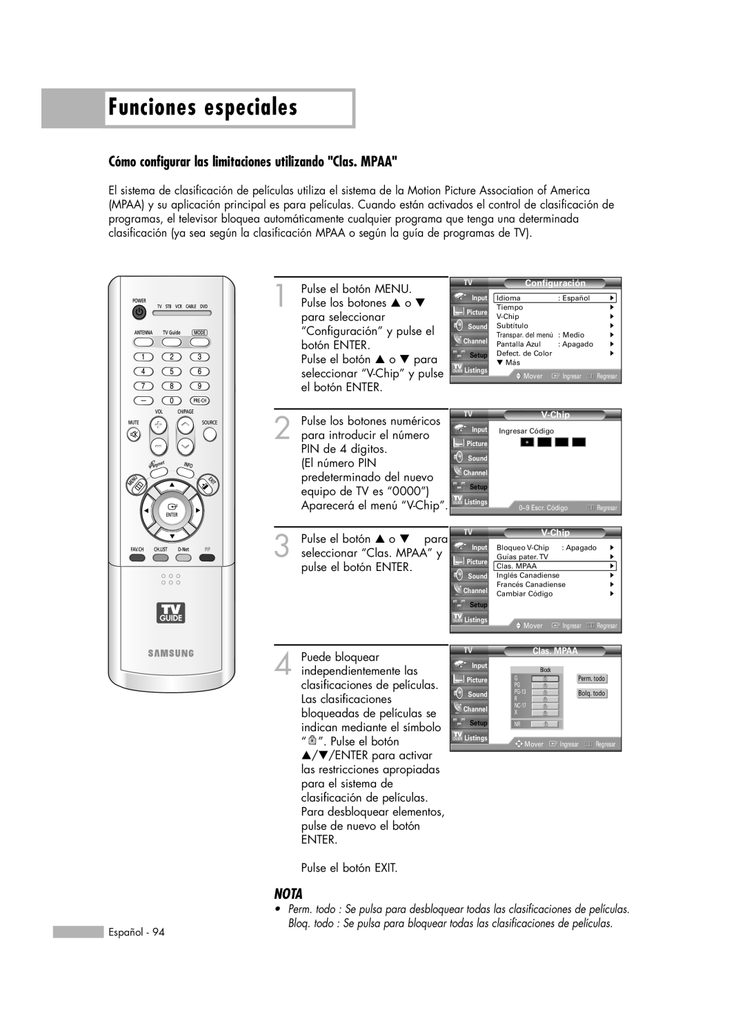 Samsung HL-R5678W, HL-R6178W, HL-R5078W, HL-R7178W manual Funciones especiales, Nota, ENTER Pulse el botón EXIT 