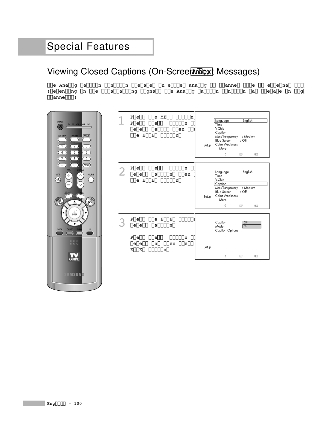 Samsung HL-R5678W, HL-R6178W, HL-R7178W manual Viewing Closed Captions On-Screen Text Messages 