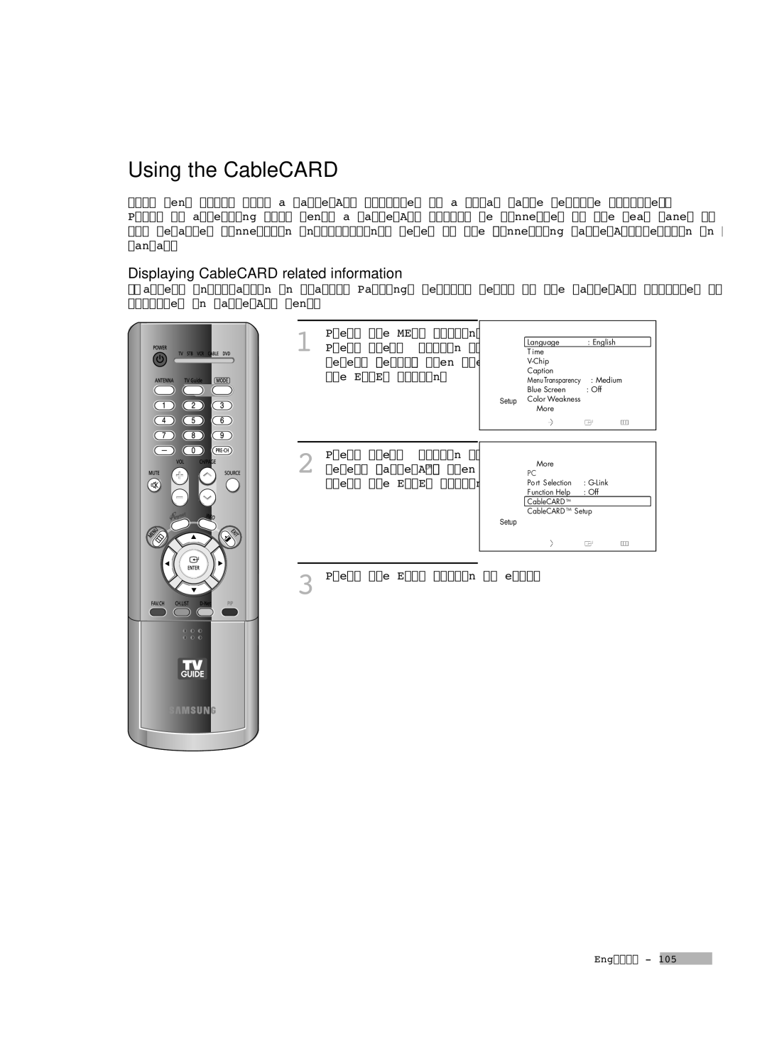 Samsung HL-R6178W, HL-R5678W, HL-R7178W manual Using the CableCARD, Displaying CableCARD related information 