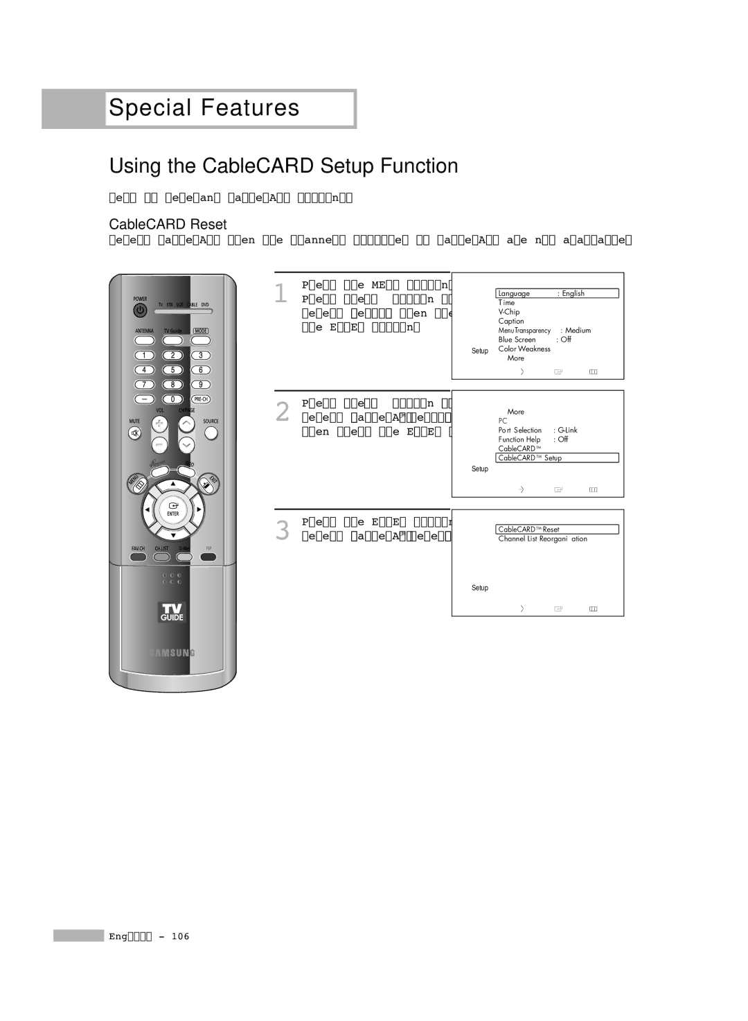 Samsung HL-R5678W, HL-R6178W, HL-R7178W manual Using the CableCARD Setup Function, CableCARD Reset 