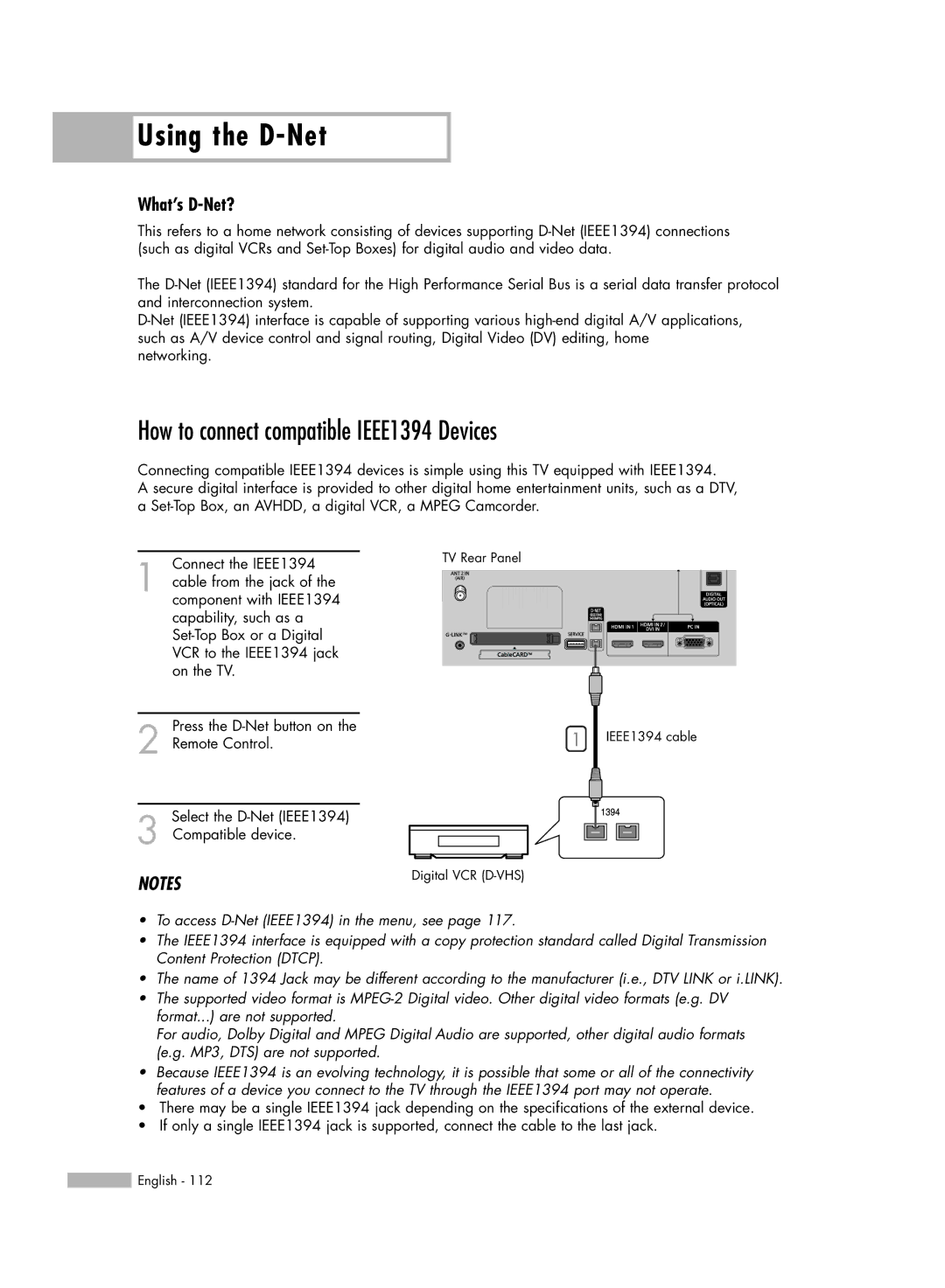 Samsung HL-R5678W, HL-R6178W, HL-R7178W manual How to connect compatible IEEE1394 Devices, What’s D-Net? 