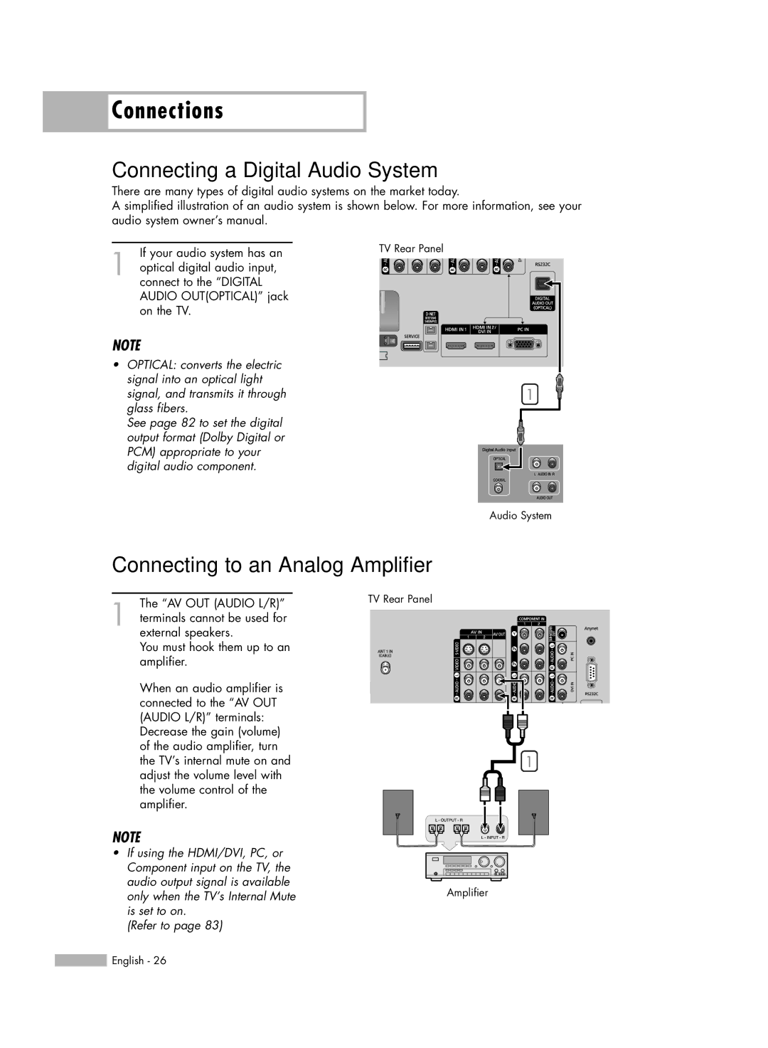 Samsung HL-R7178W, HL-R6178W, HL-R5678W manual Connecting a Digital Audio System, Connecting to an Analog Amplifier 