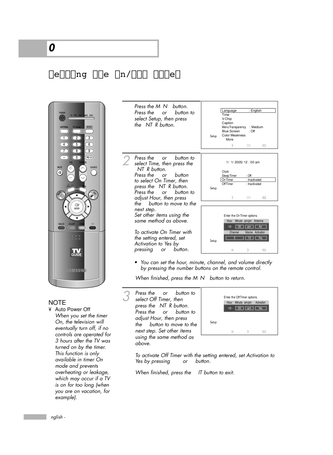 Samsung HL-R5678W, HL-R6178W, HL-R7178W manual Setting the On/Off Timer, Auto Power Off 