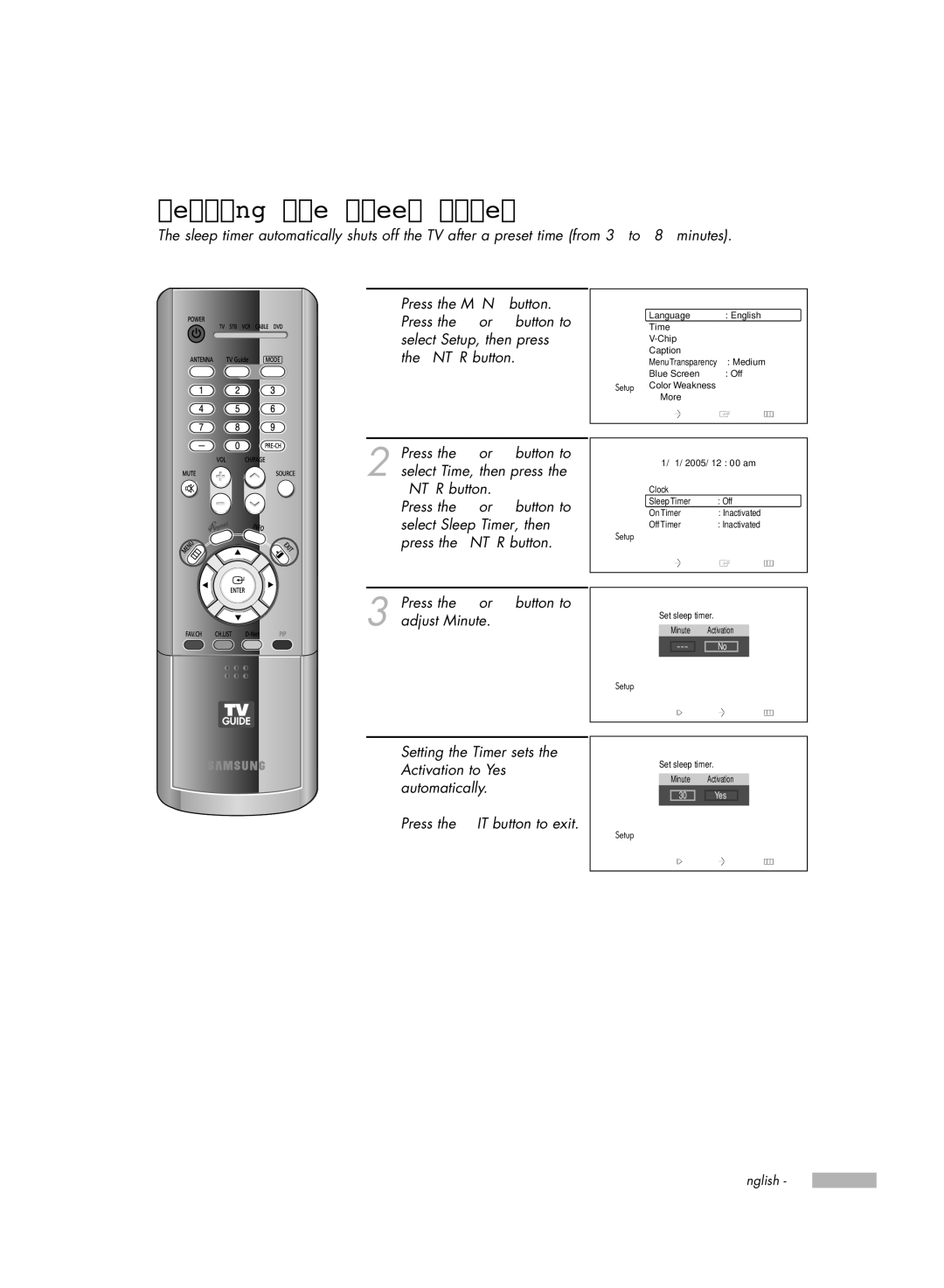 Samsung HL-R7178W, HL-R6178W, HL-R5678W manual Setting the Sleep Timer 