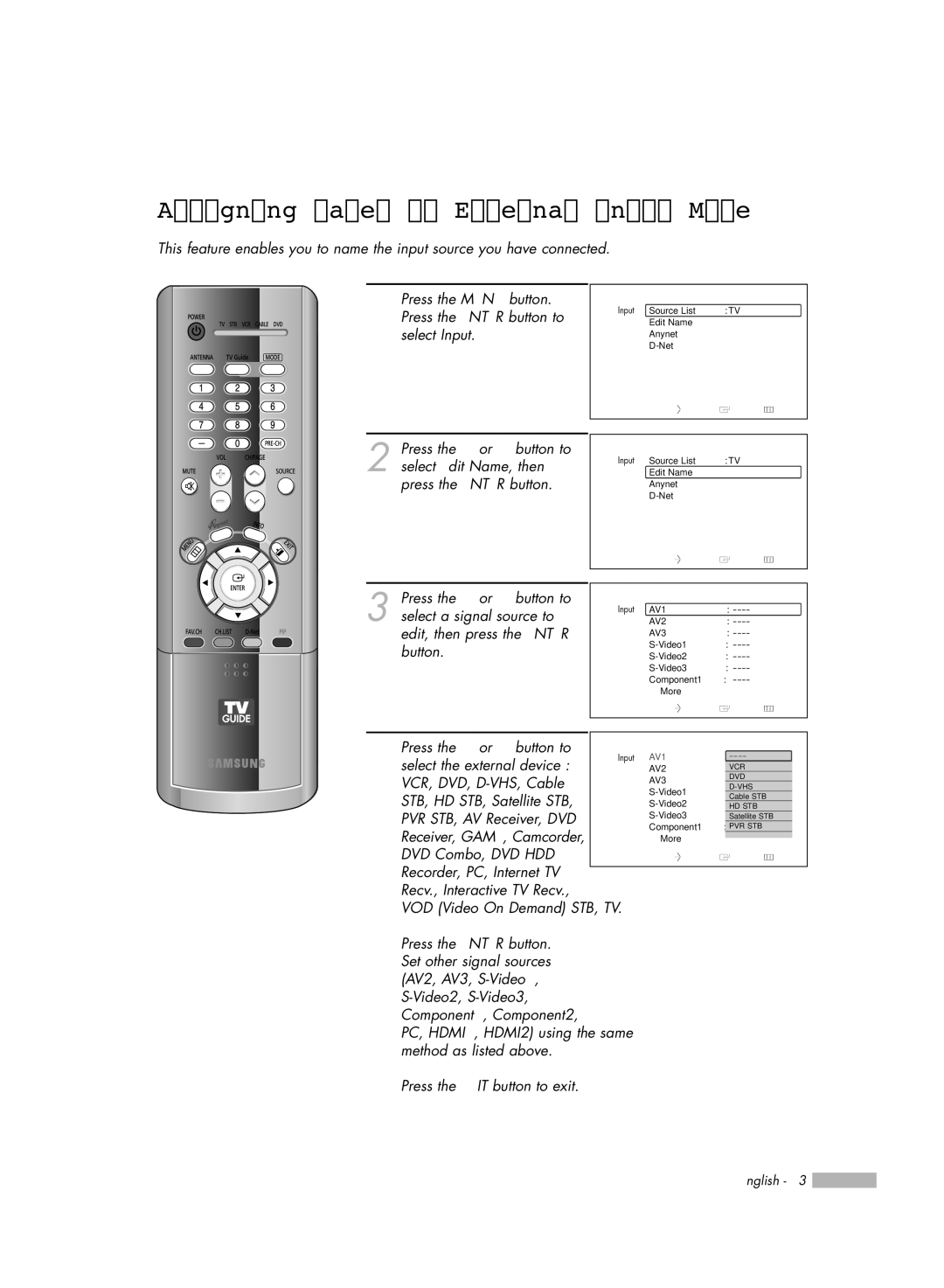 Samsung HL-R5678W, HL-R6178W, HL-R7178W manual Assigning Names to External Input Mode 