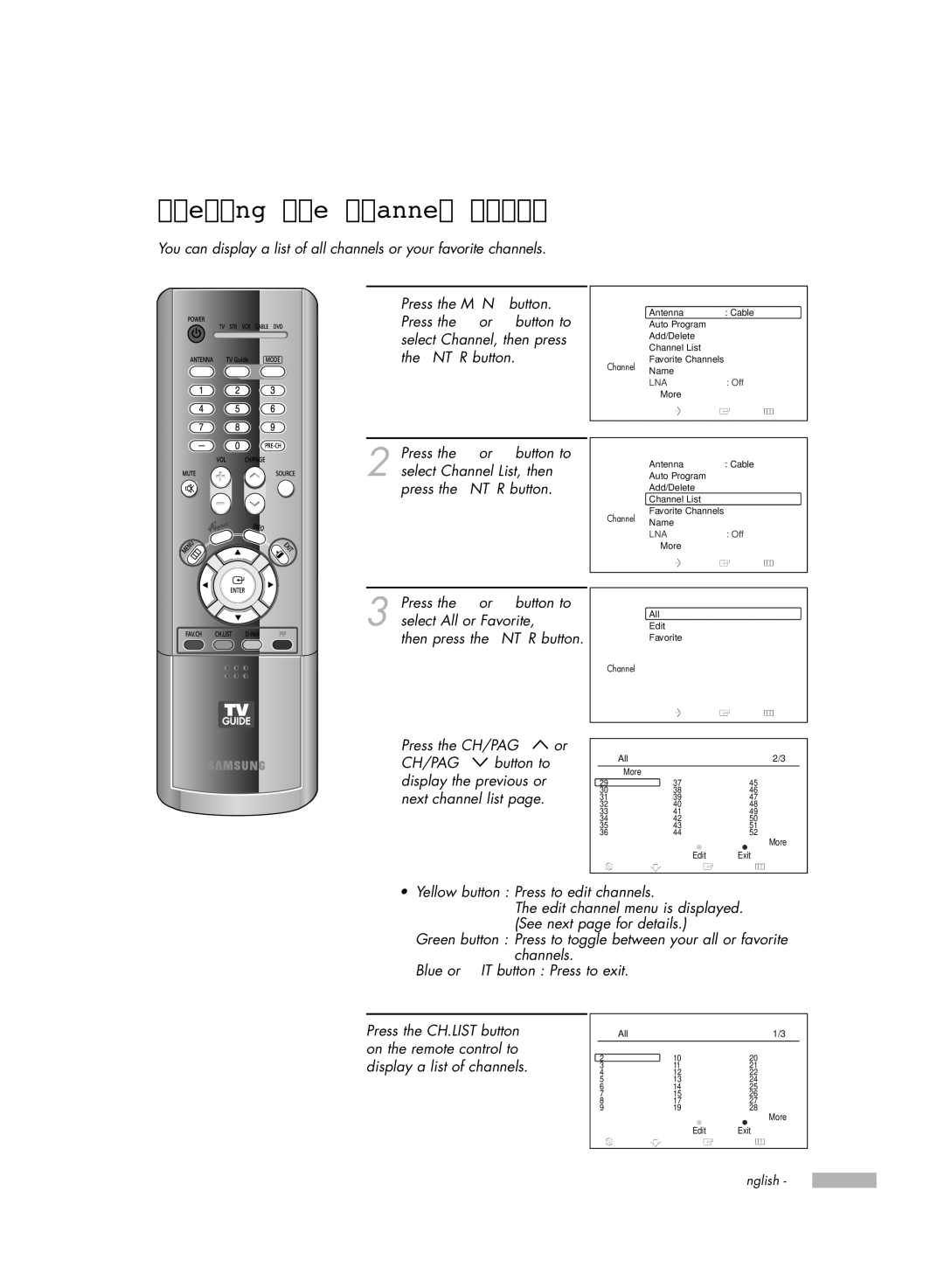 Samsung HL-R7178W, HL-R6178W, HL-R5678W manual Viewing the Channel Lists, Alternate method 