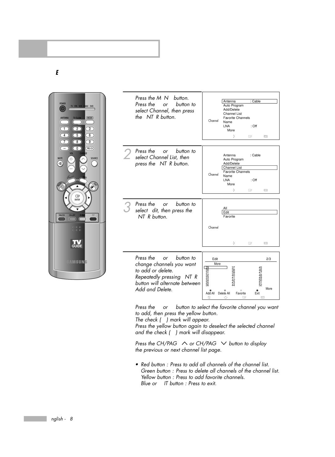 Samsung HL-R6178W, HL-R5678W, HL-R7178W manual Adding and Erasing Channels 