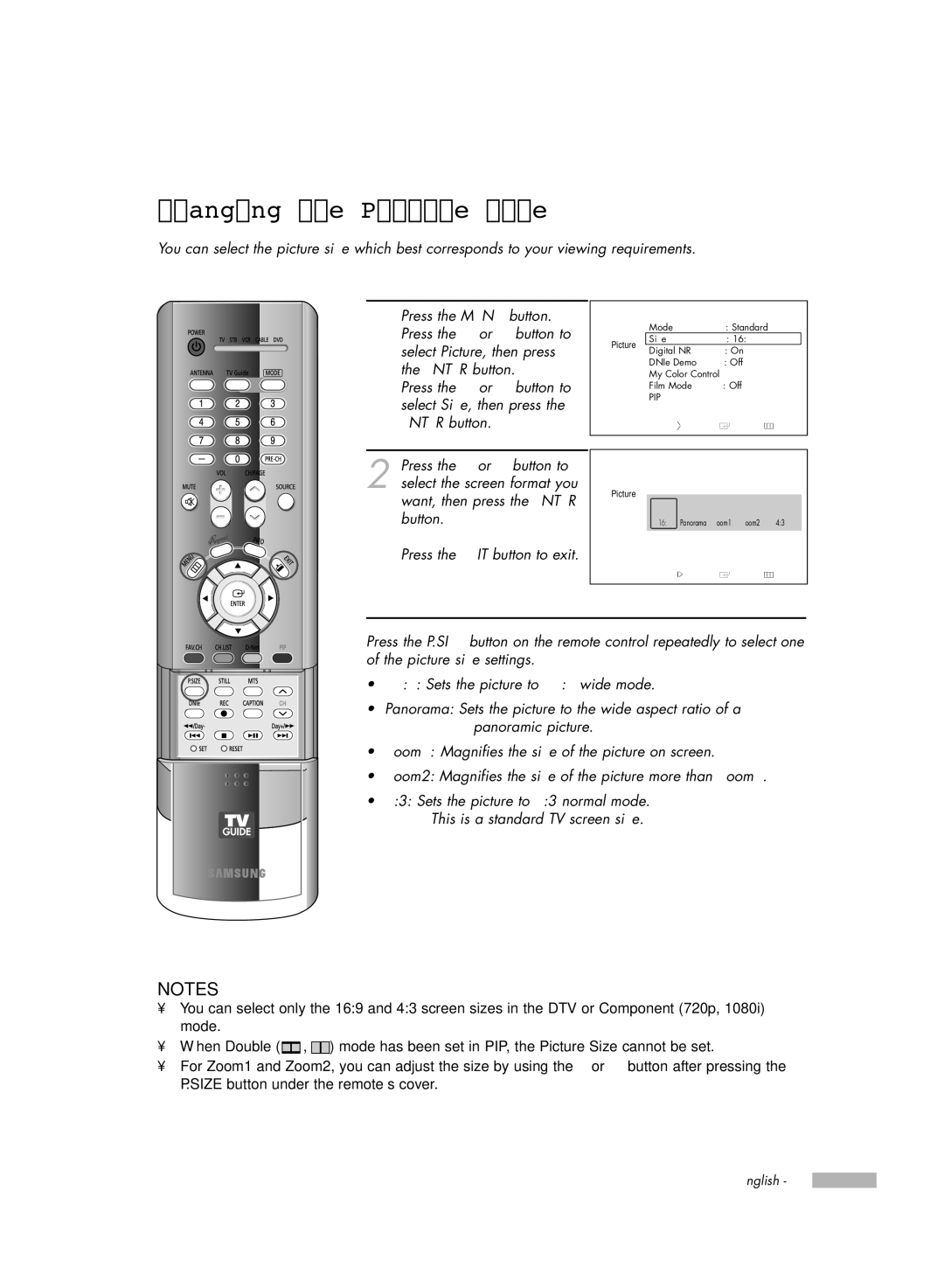 Samsung HL-R6178W, HL-R5678W, HL-R7178W manual Changing the Picture Size, Alternate method 