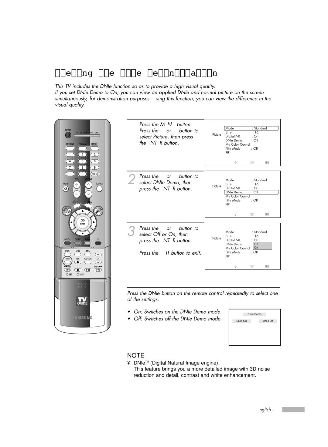 Samsung HL-R7178W, HL-R6178W, HL-R5678W manual Viewing the DNIe Demonstration, DNIeTM Digital Natural Image engine 