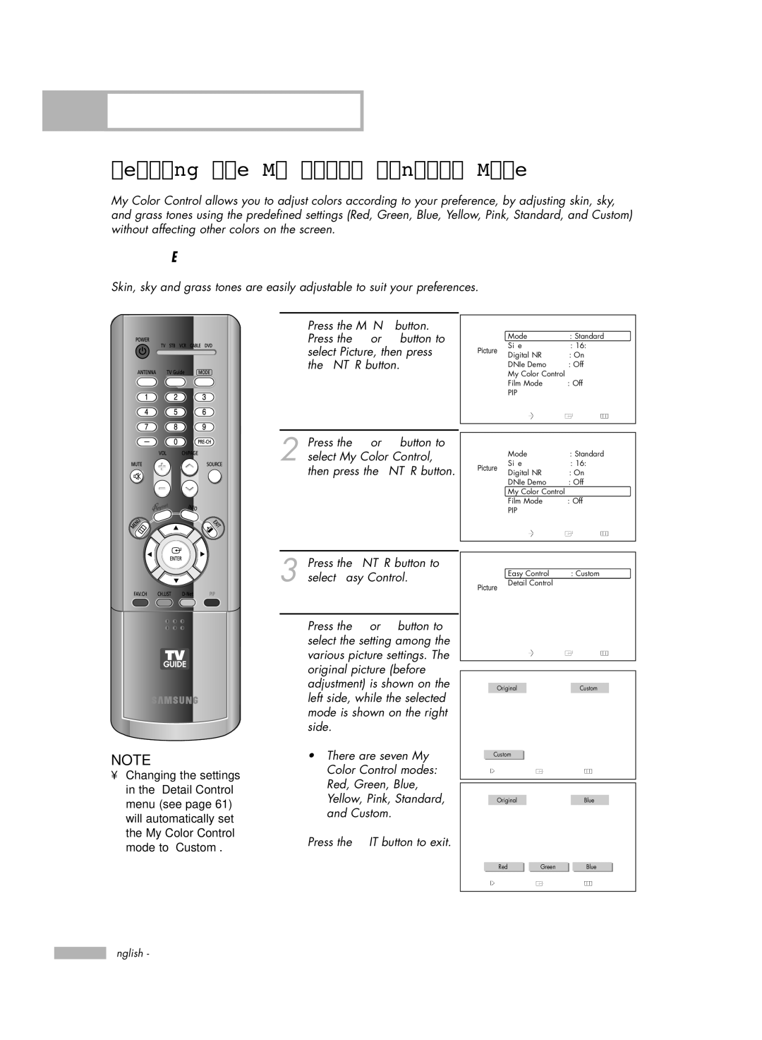 Samsung HL-R6178W manual Setting the My Color Control Mode, Using the My Color Control Function in the Easy Control Menu 