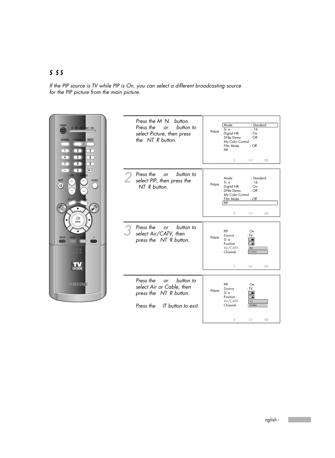 Samsung HL-R6178W, HL-R5678W, HL-R7178W manual Selecting a Signal Source Air or Cable for PIP 