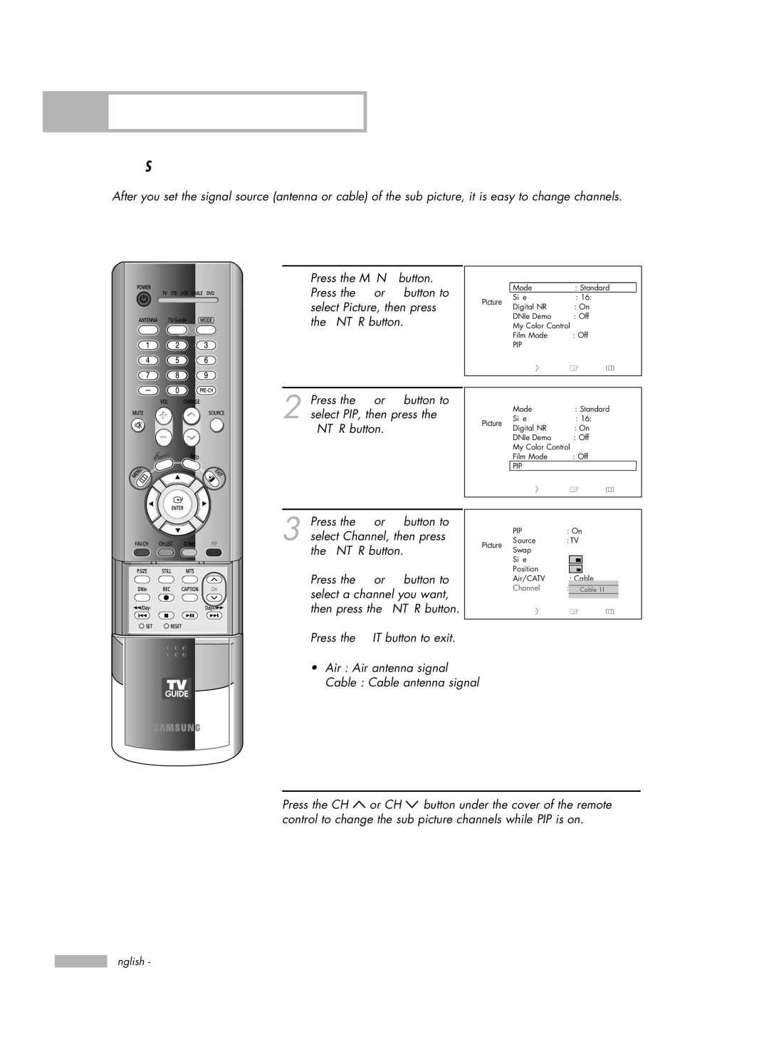 Samsung HL-R5678W, HL-R6178W, HL-R7178W manual Changing the Channel of the Sub PIP Picture, Alternate method 