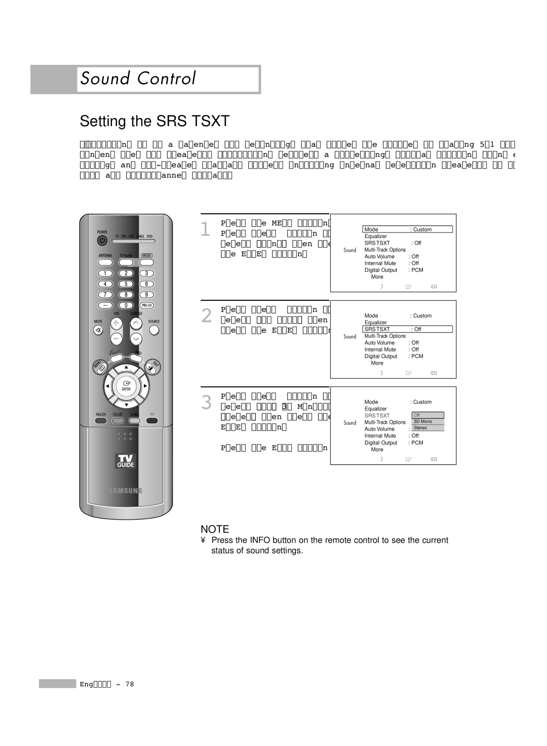 Samsung HL-R6178W, HL-R5678W, HL-R7178W manual Setting the SRS Tsxt 