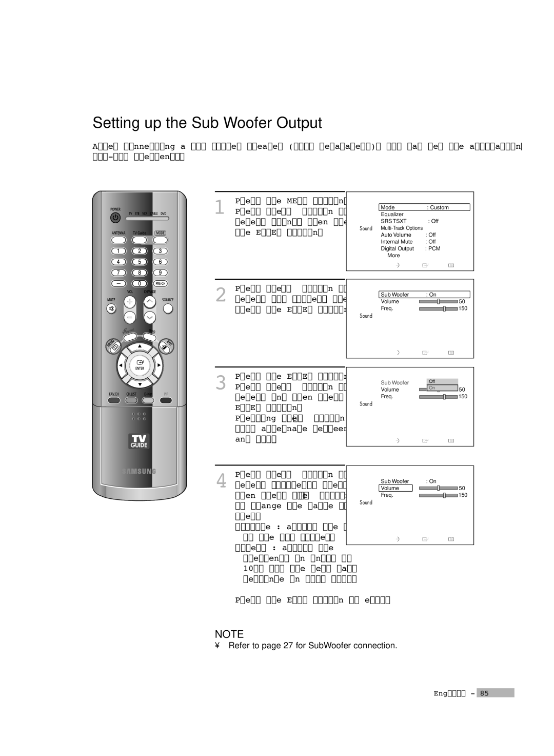 Samsung HL-R5678W, HL-R6178W, HL-R7178W manual Setting up the Sub Woofer Output 