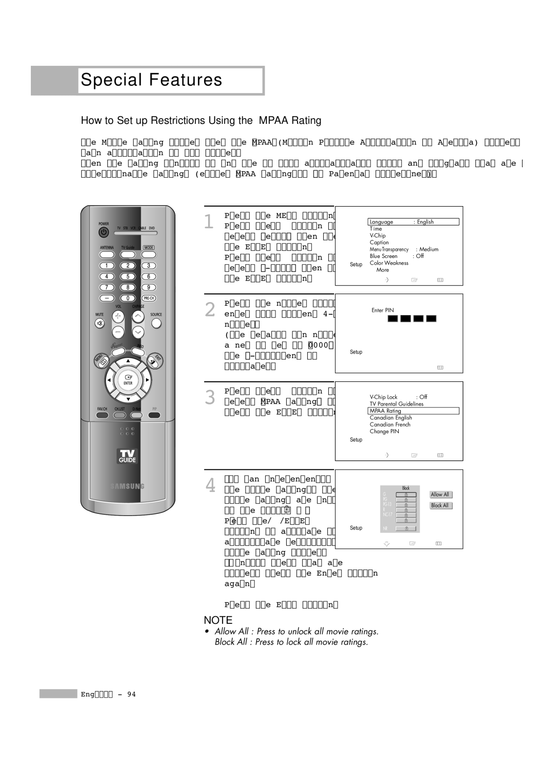 Samsung HL-R5678W, HL-R6178W, HL-R7178W manual How to Set up Restrictions Using the Mpaa Rating 