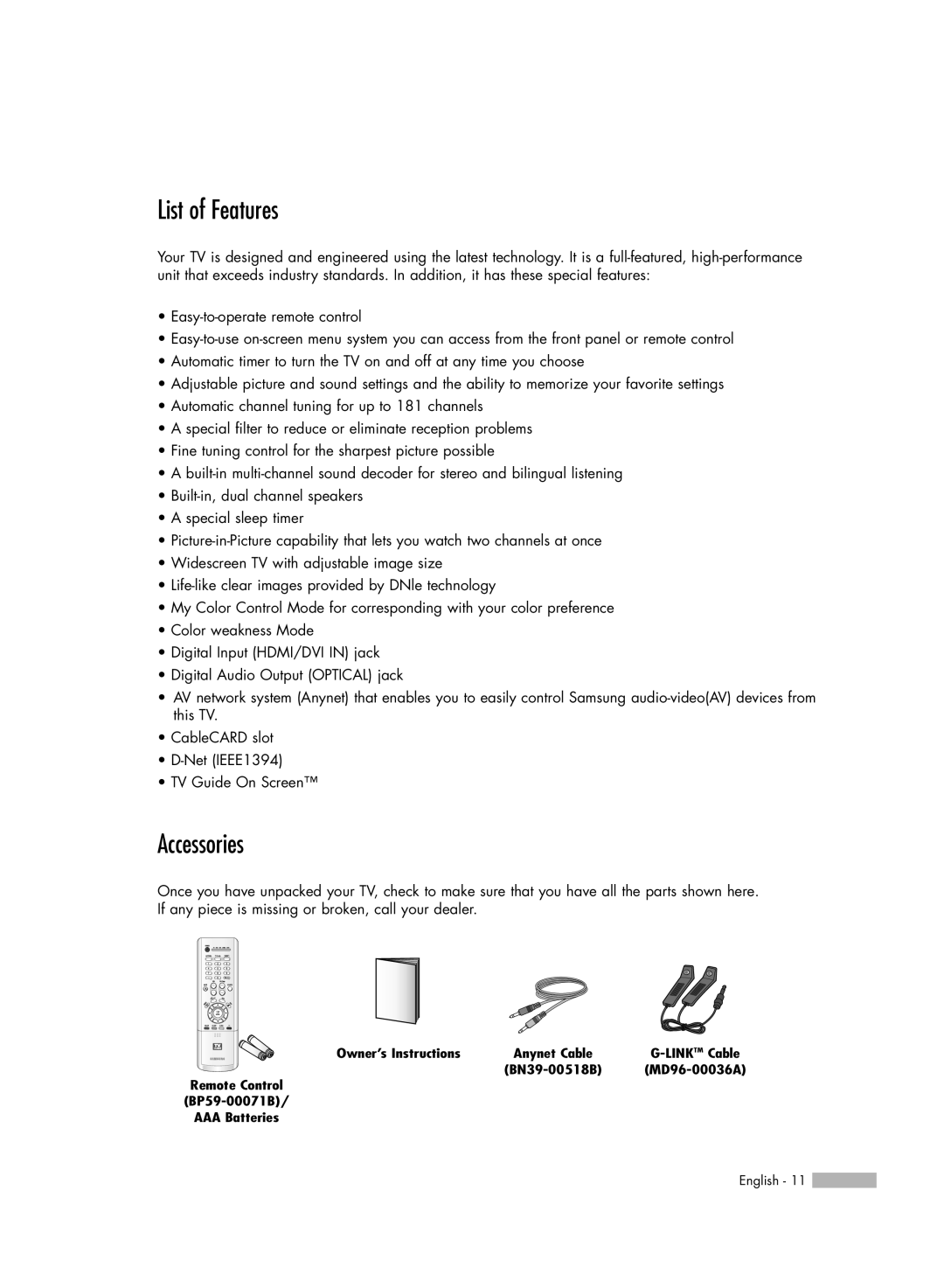 Samsung HL-R7178W, HL-R6178W, HL-R5678W manual List of Features, Accessories 
