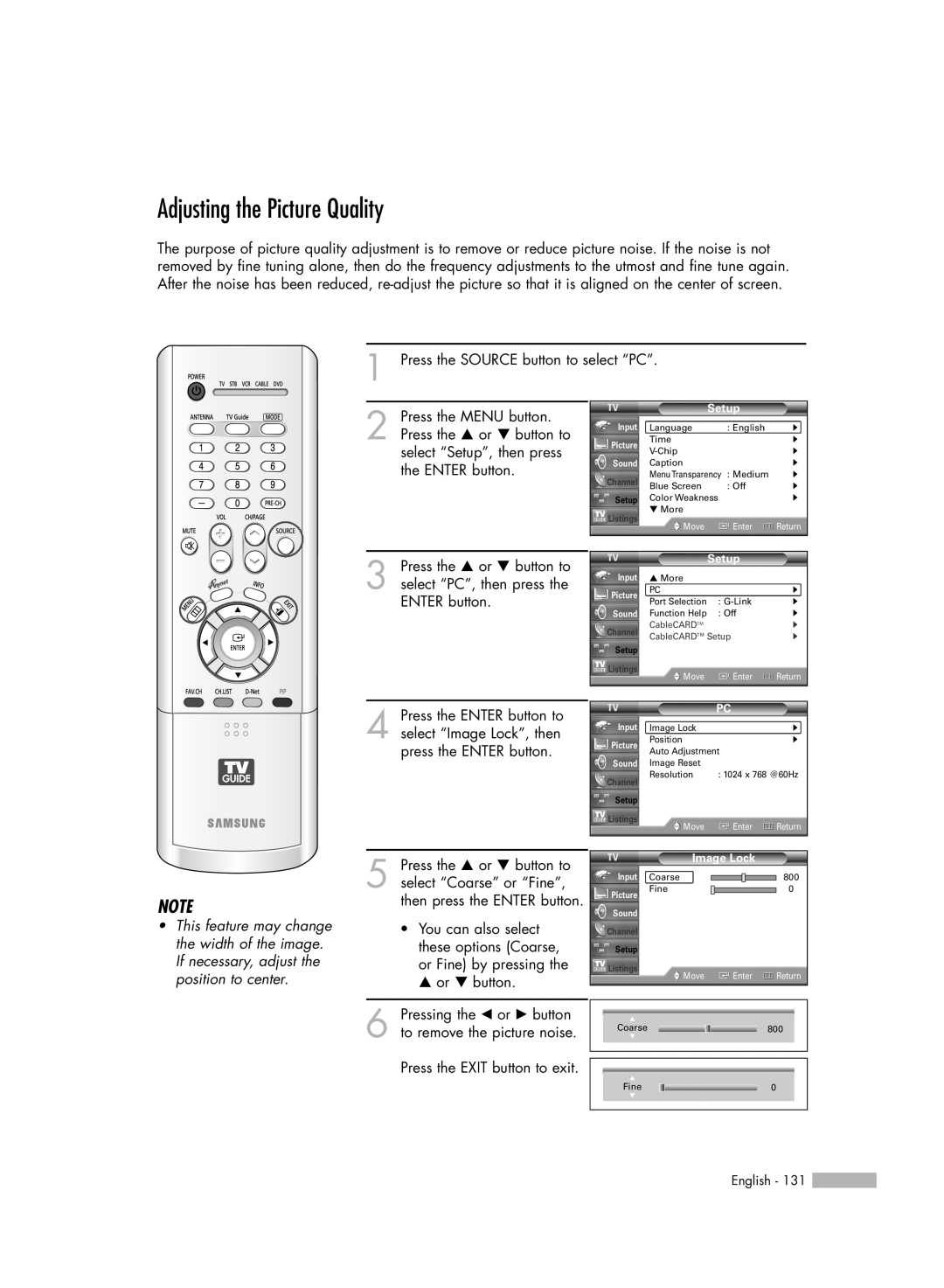 Samsung HL-R7178W manual Adjusting the Picture Quality, Press the SOURCE button to select “PC”, Press the … or † button to 