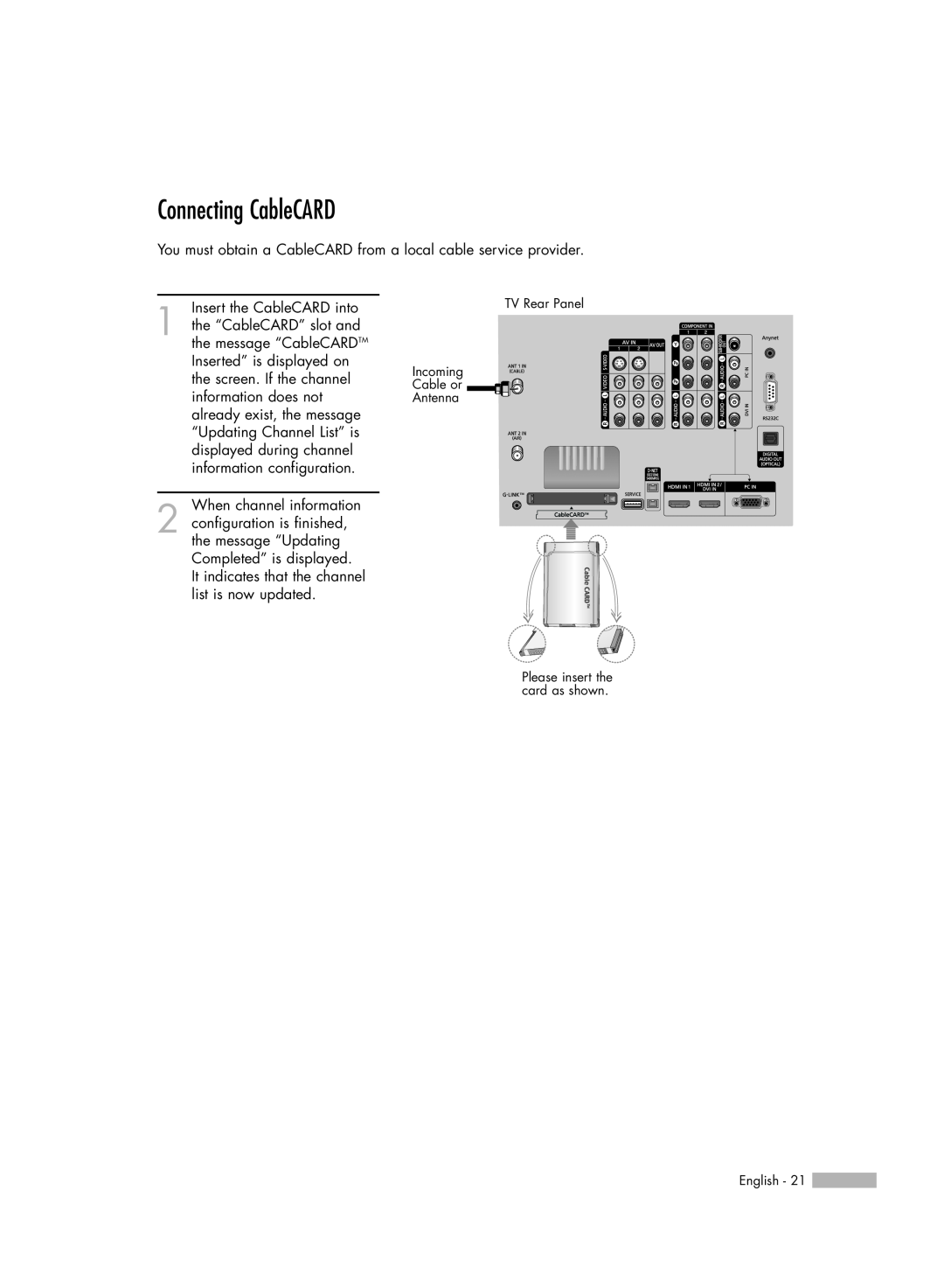 Samsung HL-R6178W, HL-R5678W, HL-R7178W manual Connecting CableCARD 