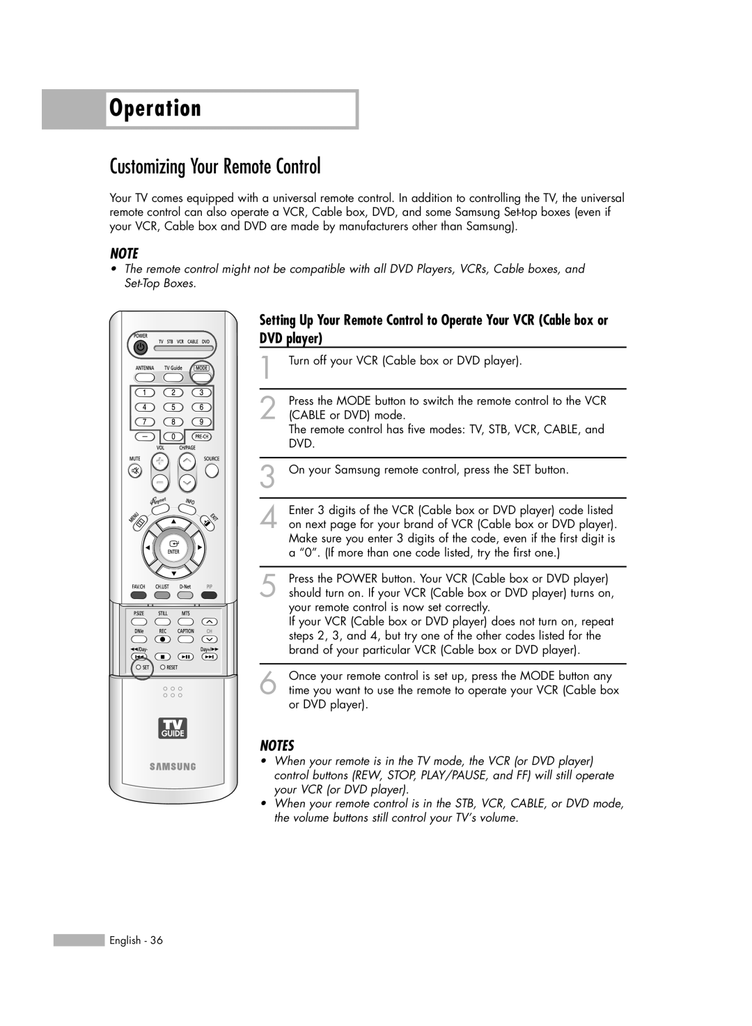 Samsung HL-R6178W, HL-R5678W, HL-R7178W manual Customizing Your Remote Control, Operation, DVD player, Notes 
