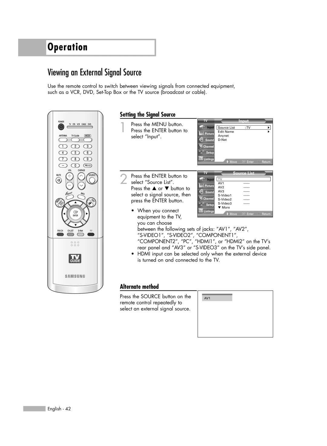 Samsung HL-R6178W, HL-R5678W Viewing an External Signal Source, Operation, Setting the Signal Source, Alternate method 