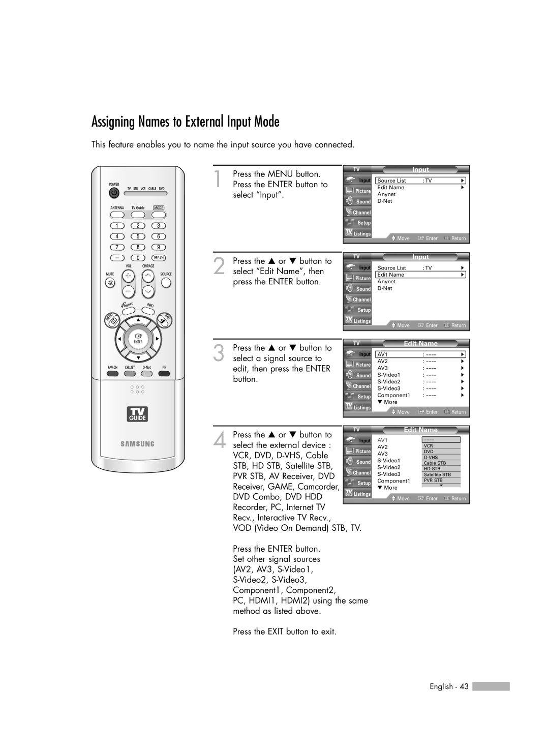 Samsung HL-R5678W, HL-R6178W, HL-R7178W manual Assigning Names to External Input Mode 
