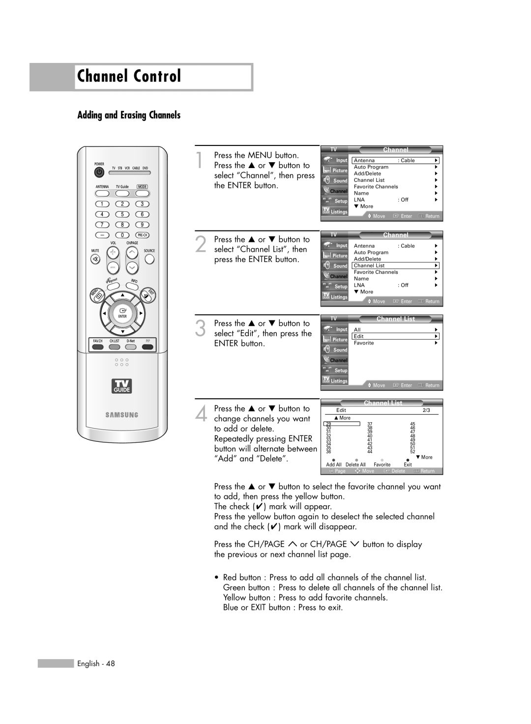 Samsung HL-R6178W, HL-R5678W, HL-R7178W manual Channel Control, Adding and Erasing Channels 