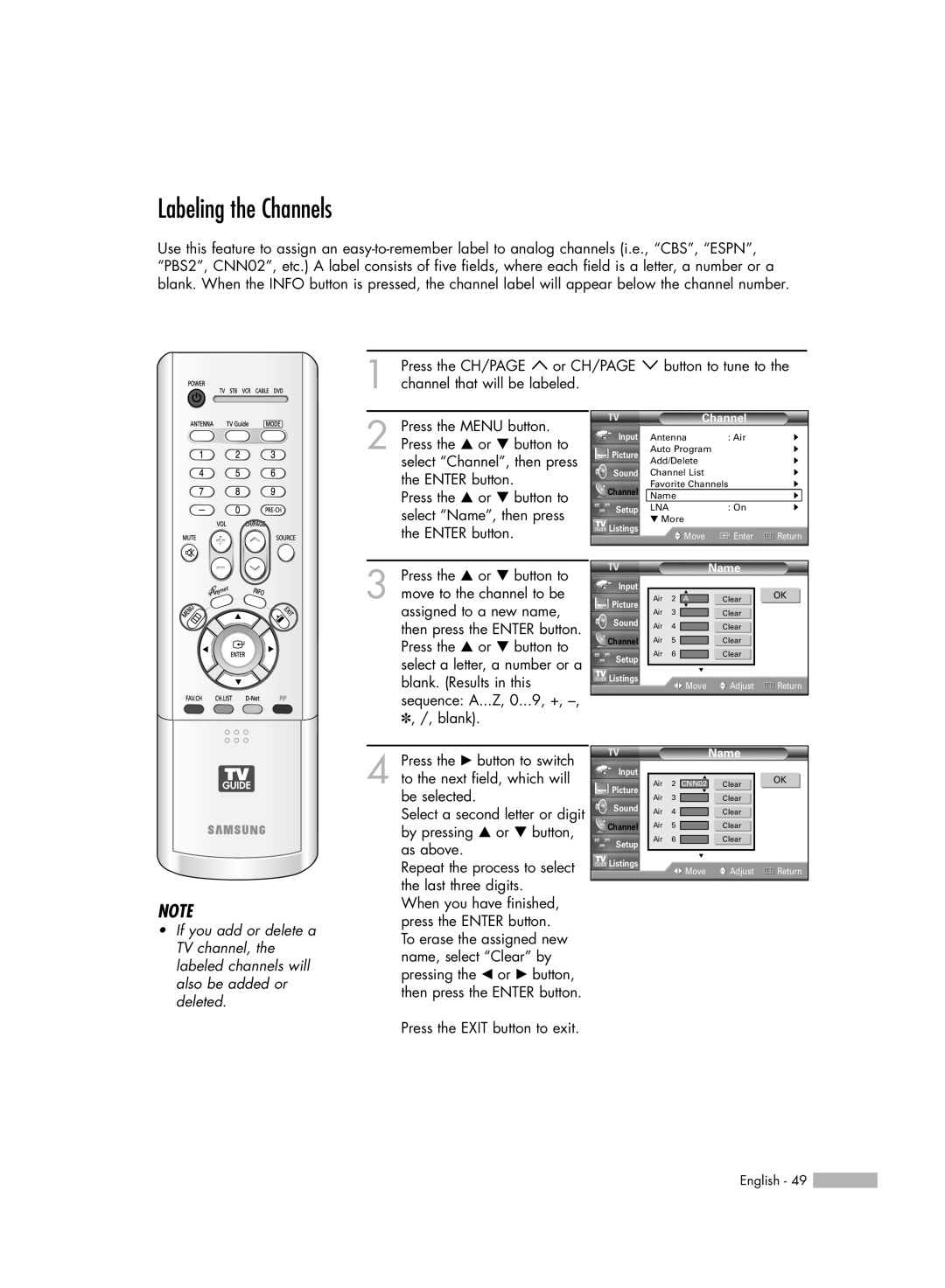 Samsung HL-R5678W, HL-R6178W, HL-R7178W manual Labeling the Channels 
