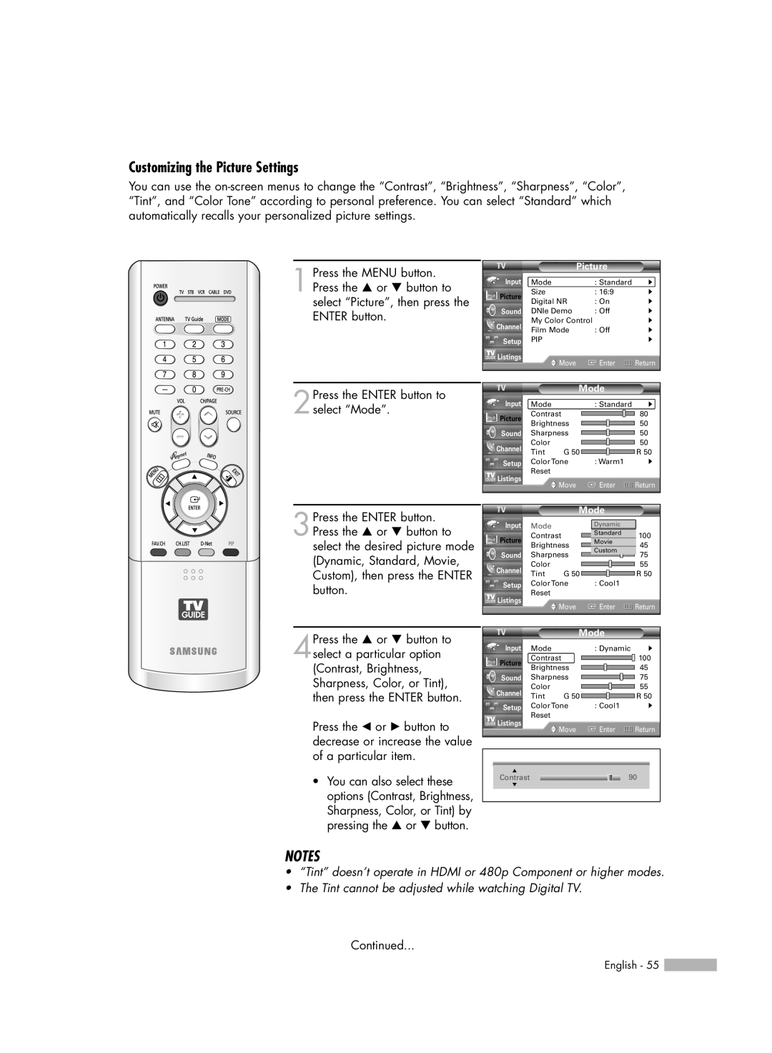 Samsung HL-R5678W, HL-R6178W, HL-R7178W manual Customizing the Picture Settings, Notes 
