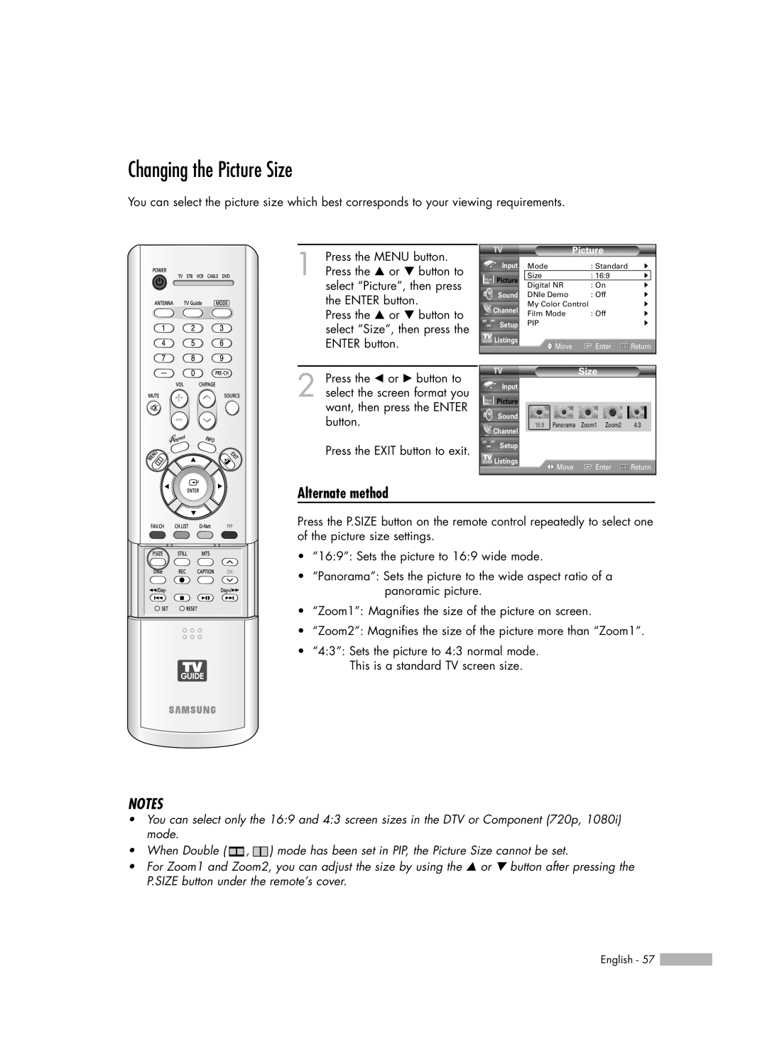 Samsung HL-R6178W, HL-R5678W, HL-R7178W manual Changing the Picture Size, Alternate method, Notes 