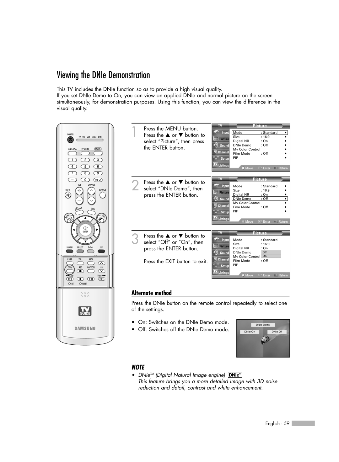 Samsung HL-R7178W, HL-R6178W, HL-R5678W manual Viewing the DNIe Demonstration, Alternate method 