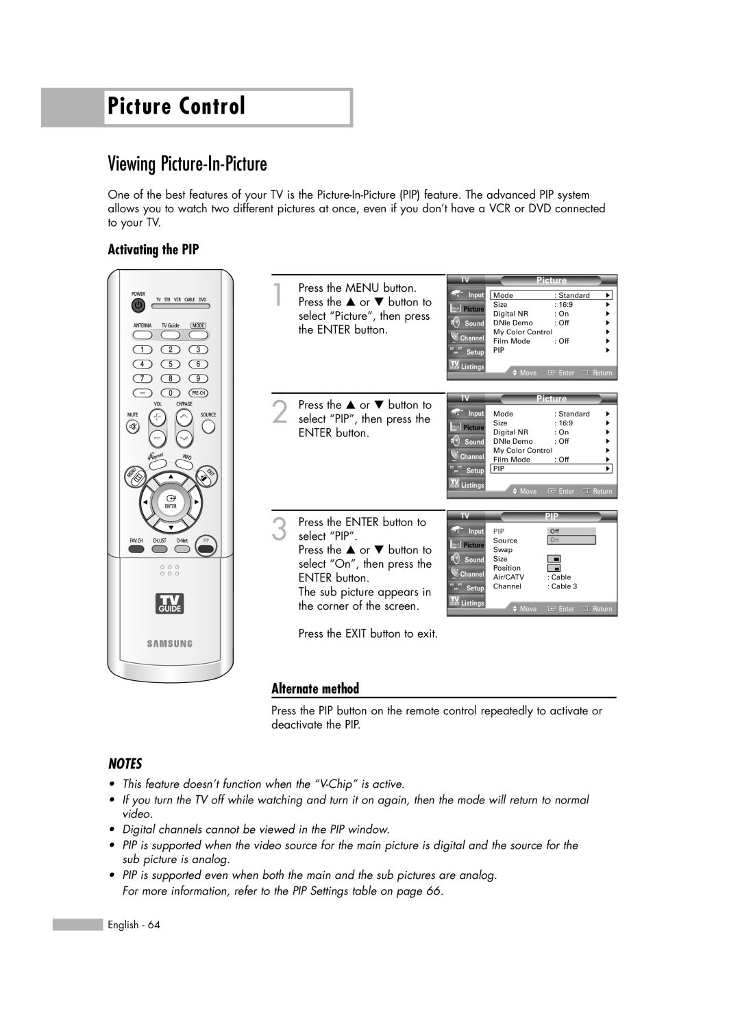 Samsung HL-R5678W, HL-R6178W manual Viewing Picture-In-Picture, Picture Control, Activating the PIP, Alternate method, Notes 