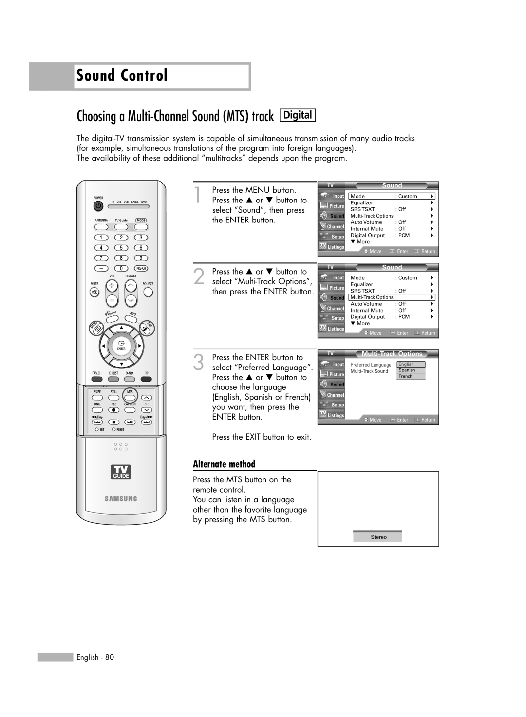 Samsung HL-R7178W, HL-R6178W, HL-R5678W Sound Control, Digital, Choosing a Multi-ChannelSound MTS track, Alternate method 