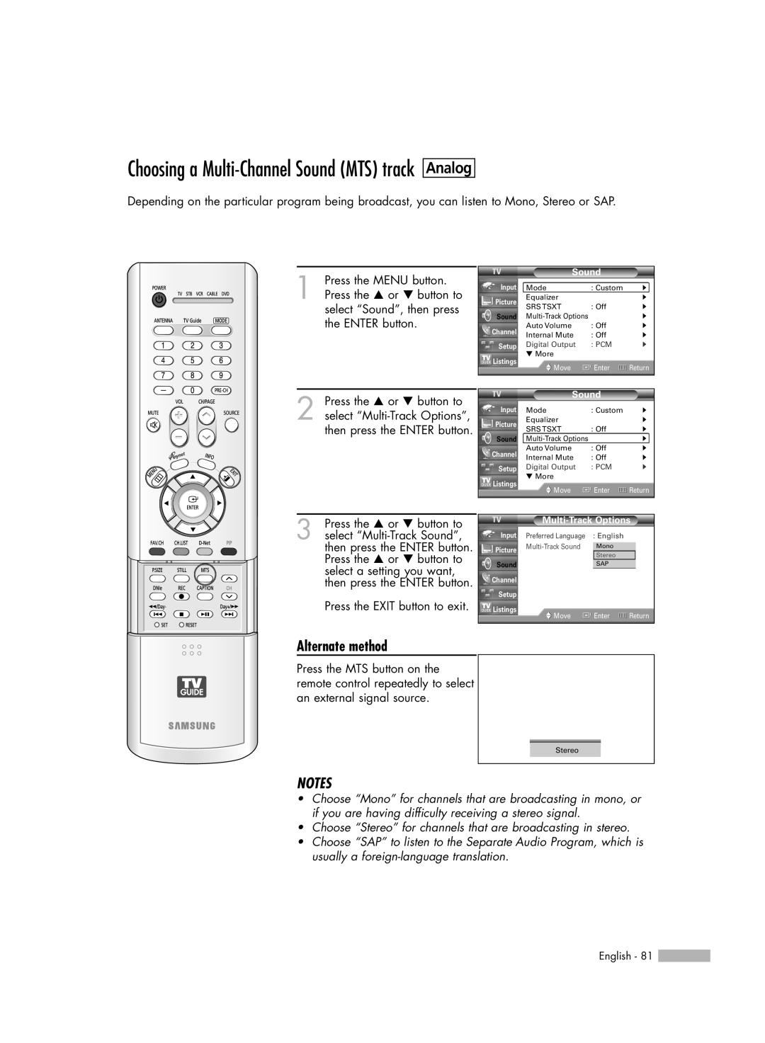 Samsung HL-R6178W Analog, Choosing a Multi-ChannelSound MTS track, Alternate method, Notes, Press the EXIT button to exit 