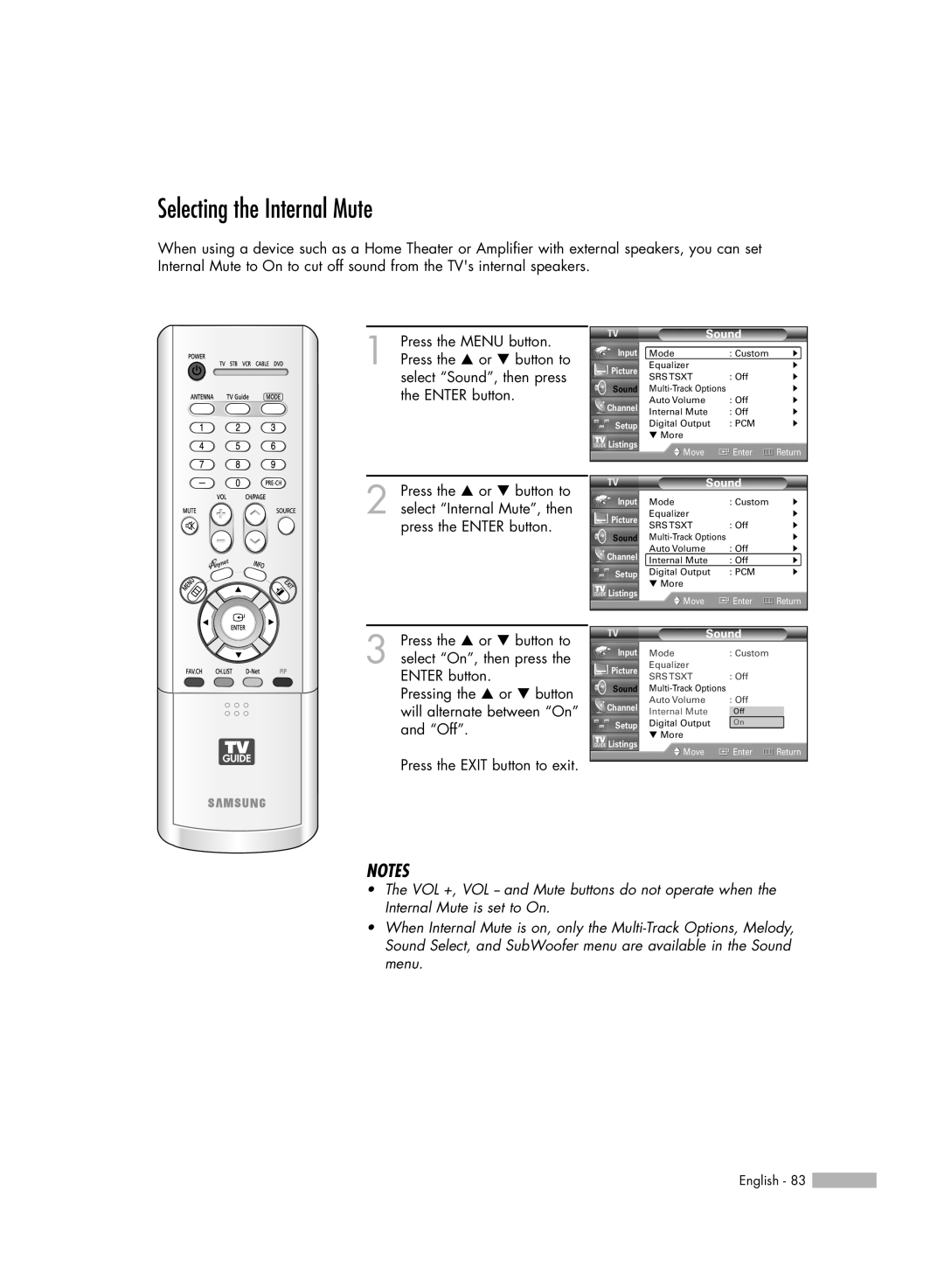 Samsung HL-R7178W, HL-R6178W, HL-R5678W manual Selecting the Internal Mute, Notes 