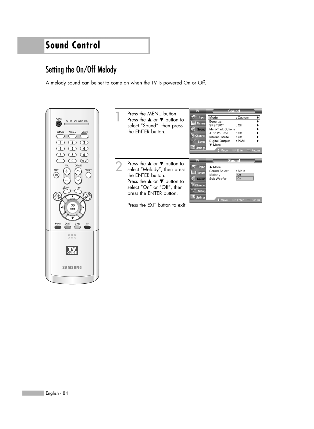Samsung HL-R6178W, HL-R5678W, HL-R7178W manual Setting the On/Off Melody, Sound Control 