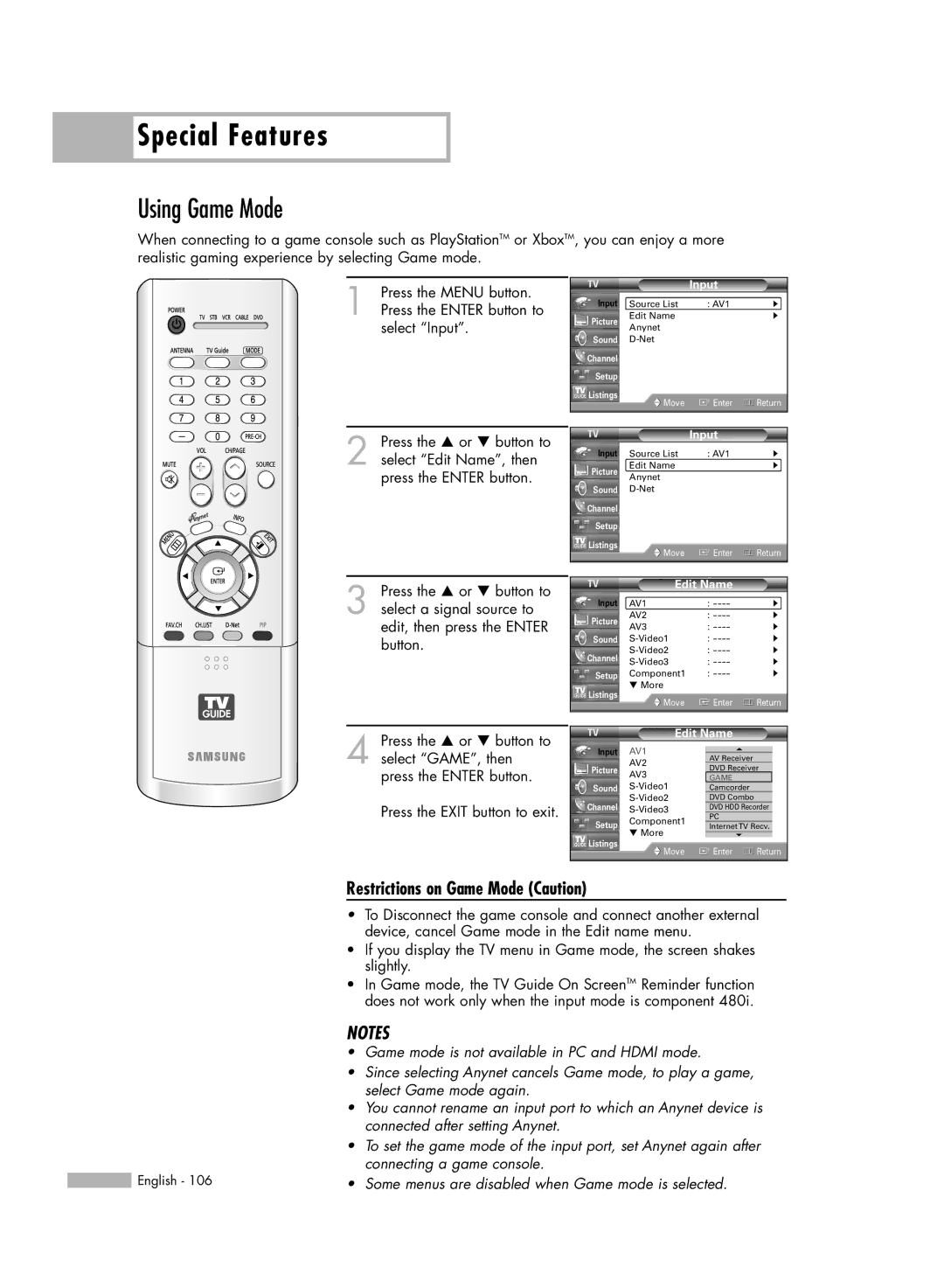 Samsung HL-R6767W manual Using Game Mode, Restrictions on Game Mode Caution 