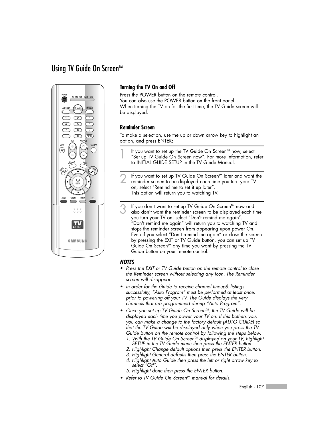 Samsung HL-R6767W manual Using TV Guide On ScreenTM, Turning the TV On and Off, Reminder Screen 