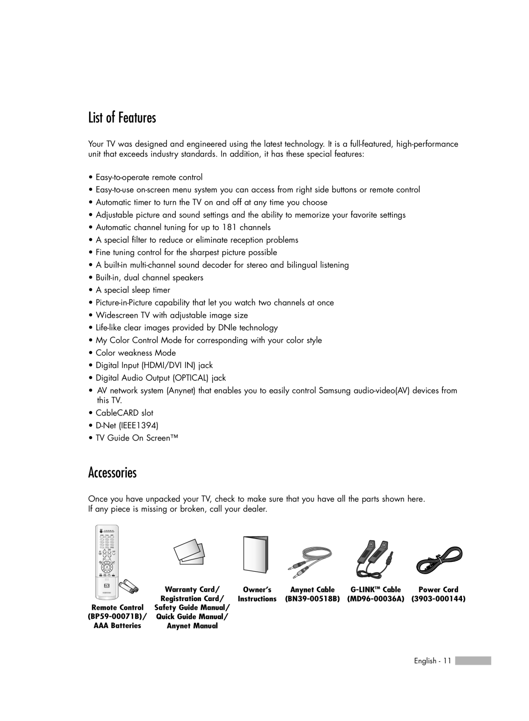 Samsung HL-R6767W manual List of Features, Accessories 