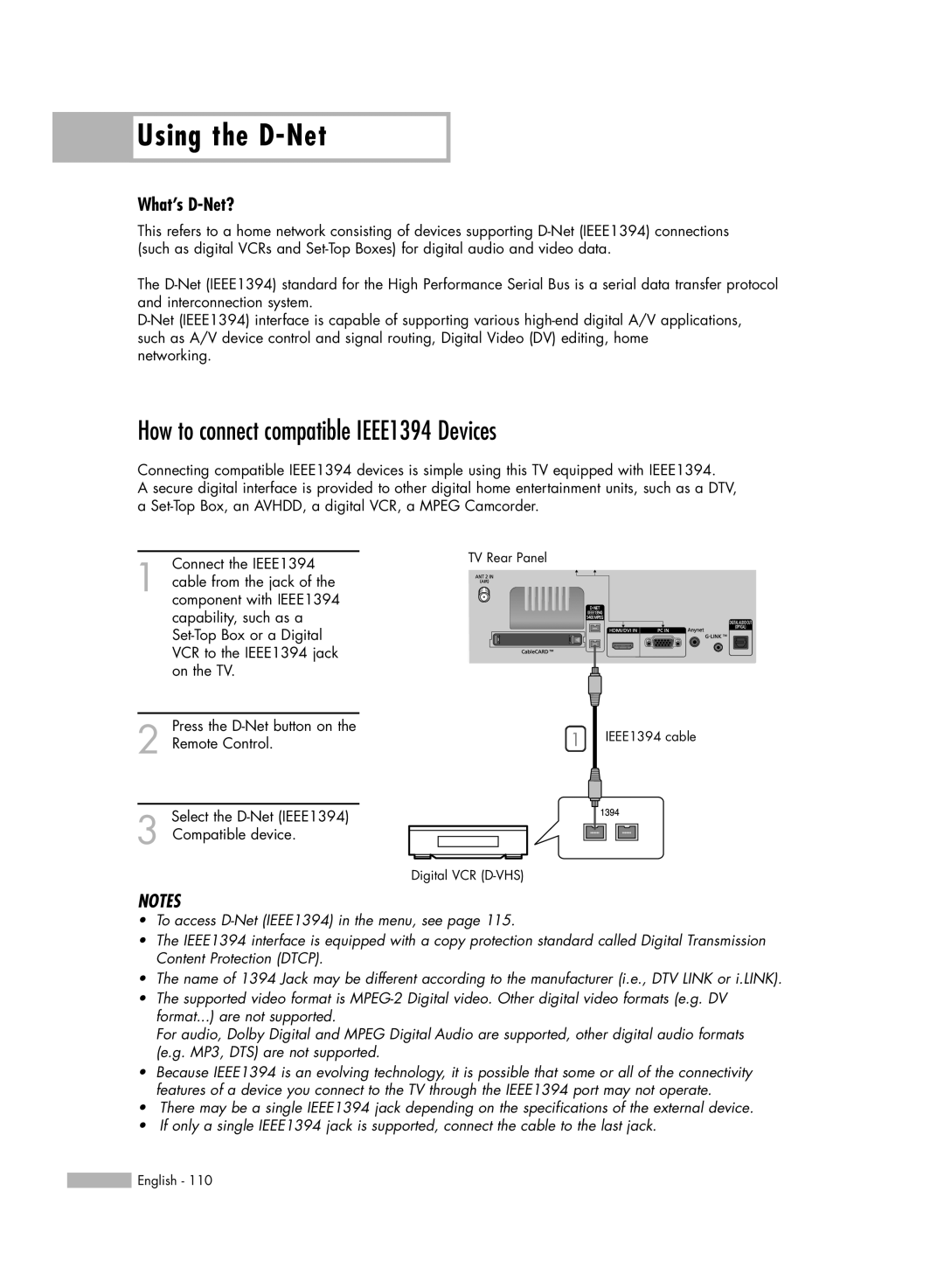 Samsung HL-R6767W manual Using the D-Net, How to connect compatible IEEE1394 Devices, What’s D-Net? 