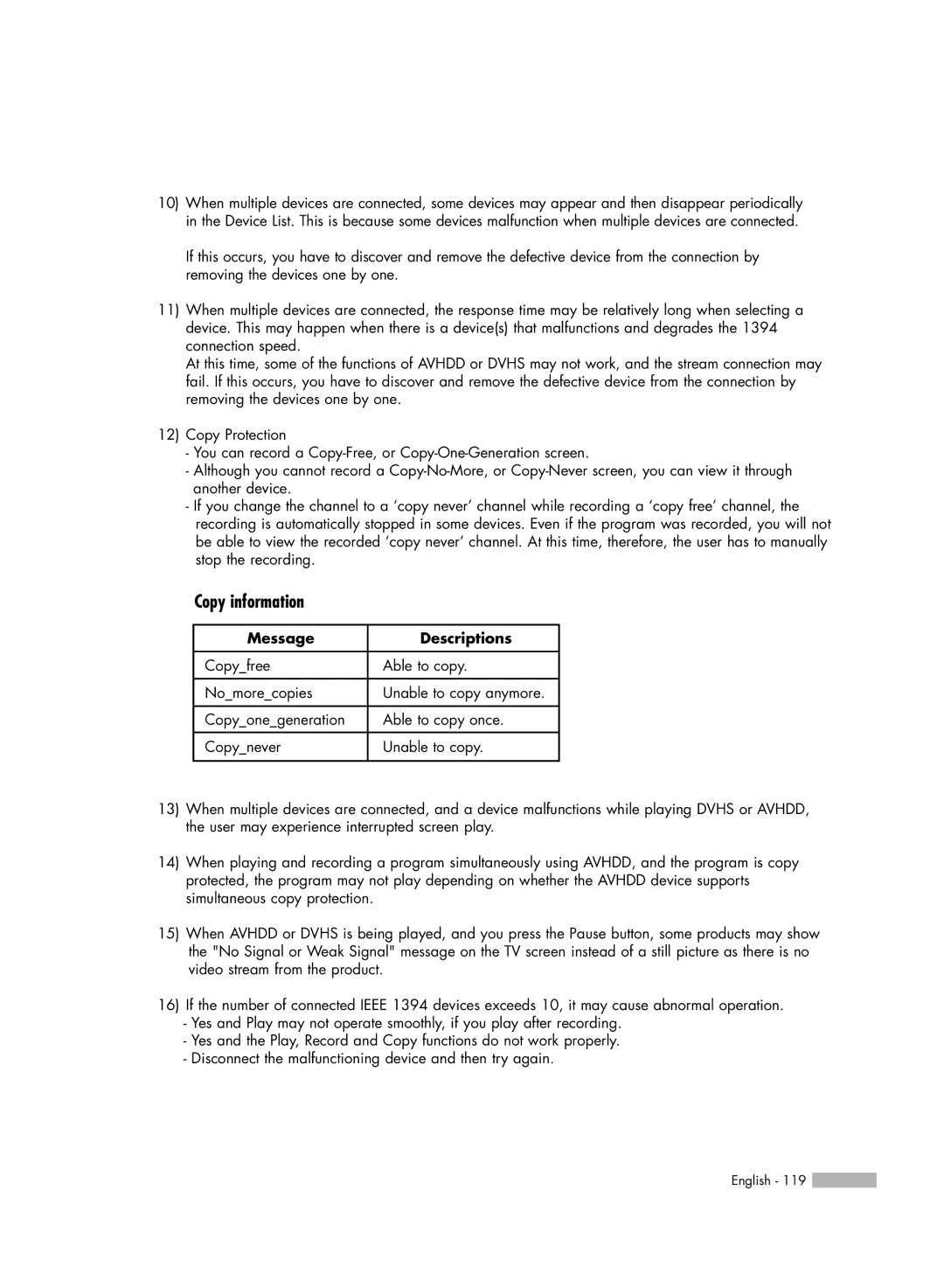 Samsung HL-R6767W manual Copy information, Message Descriptions 