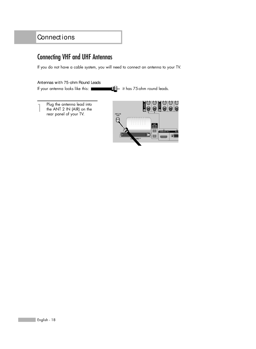 Samsung HL-R6767W manual Connections, Connecting VHF and UHF Antennas, Antennas with 75-ohm Round Leads 