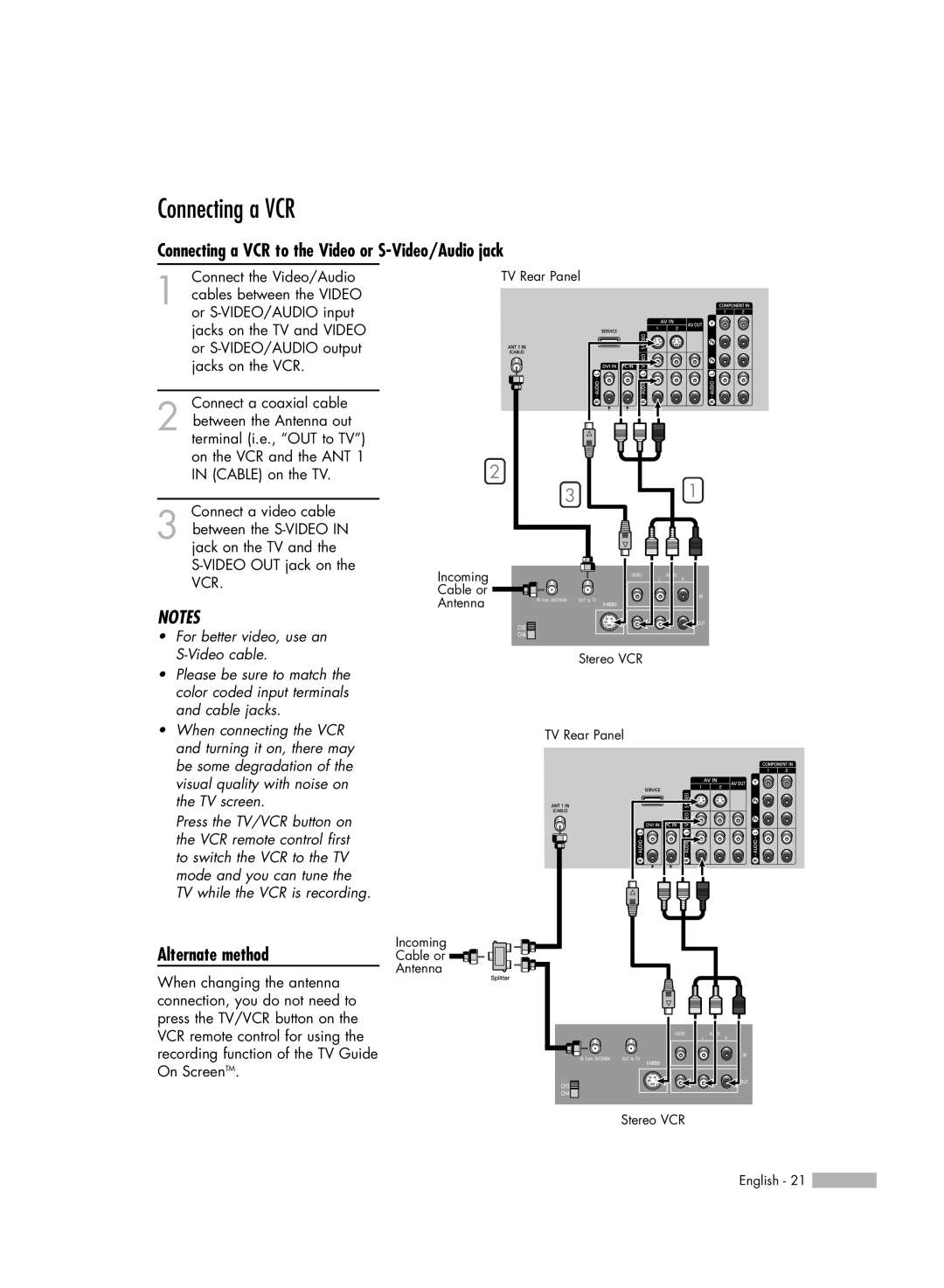 Samsung HL-R6767W manual Connecting a VCR to the Video or S-Video/Audio jack, Alternate method 