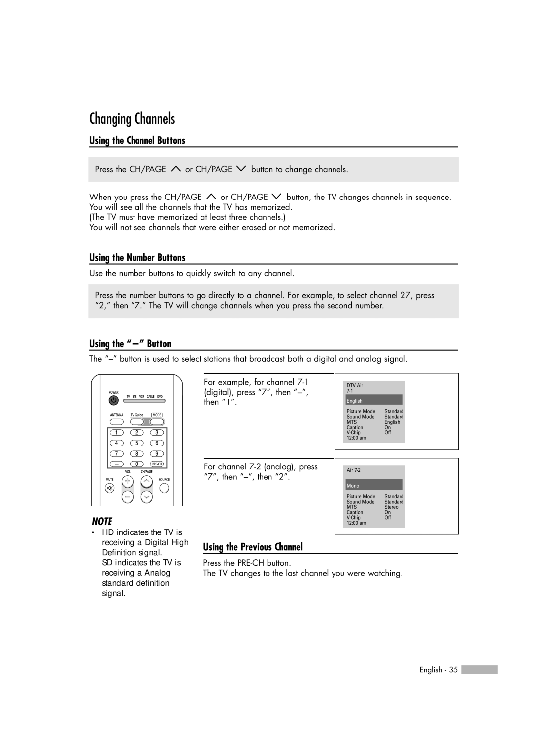 Samsung HL-R6767W manual Changing Channels, Using the Channel Buttons, Using the Number Buttons, Using the Button 